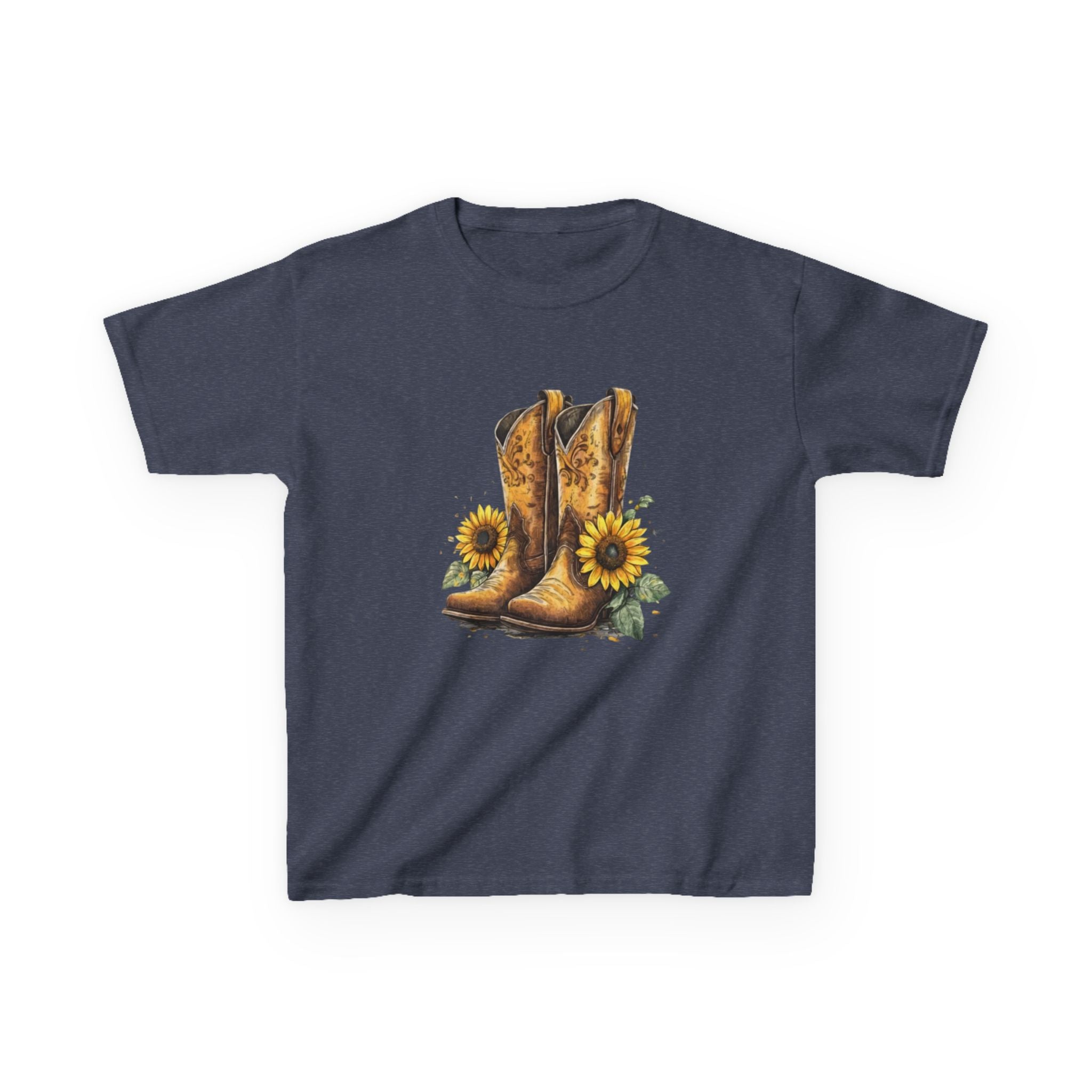 Kids Cowboy Boots & Sunflowers T-Shirt — Western Farmyard Tee for Children