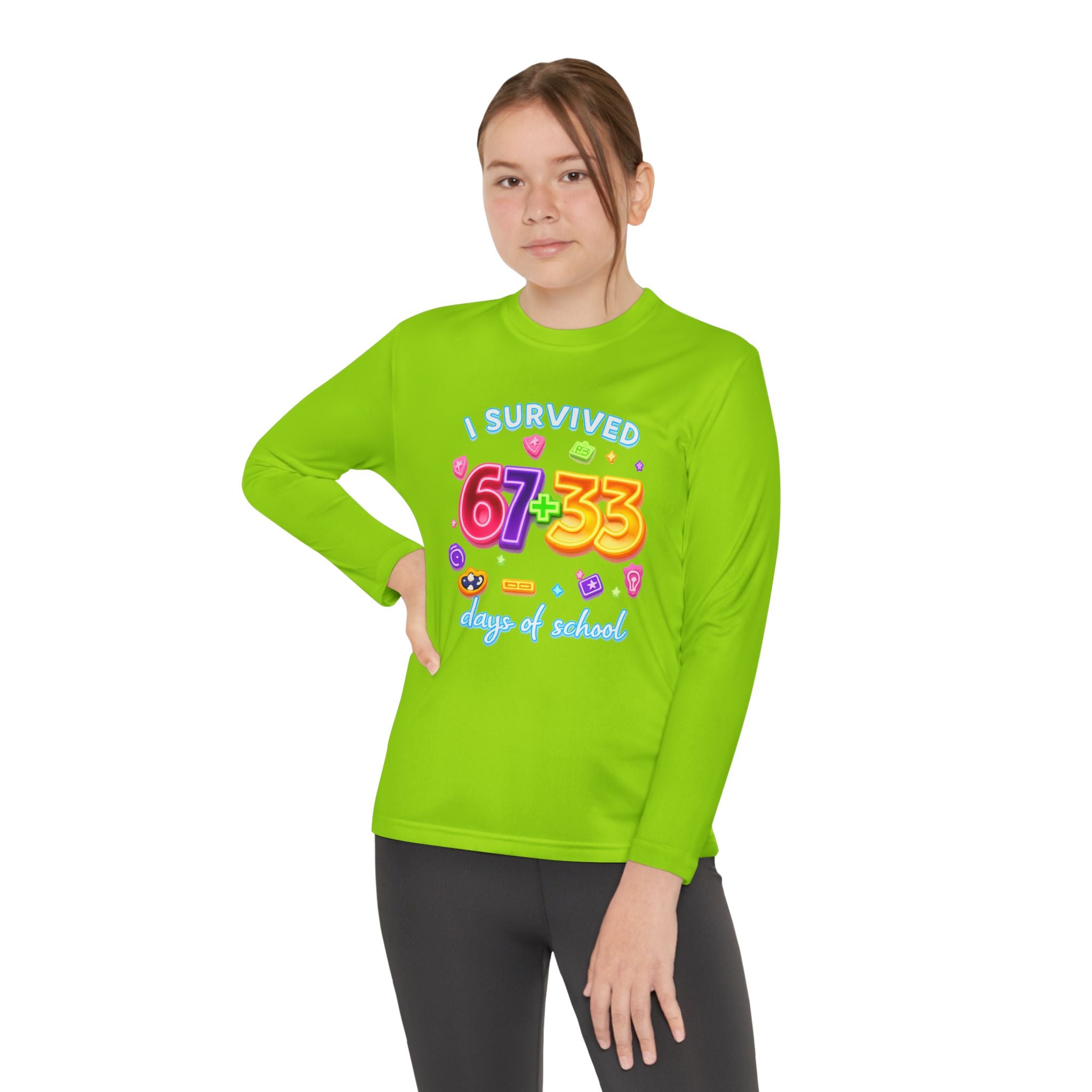 Youth Long Sleeve Tee — "I Survived 67+33 Days of School" Colorful Celebration Shirt