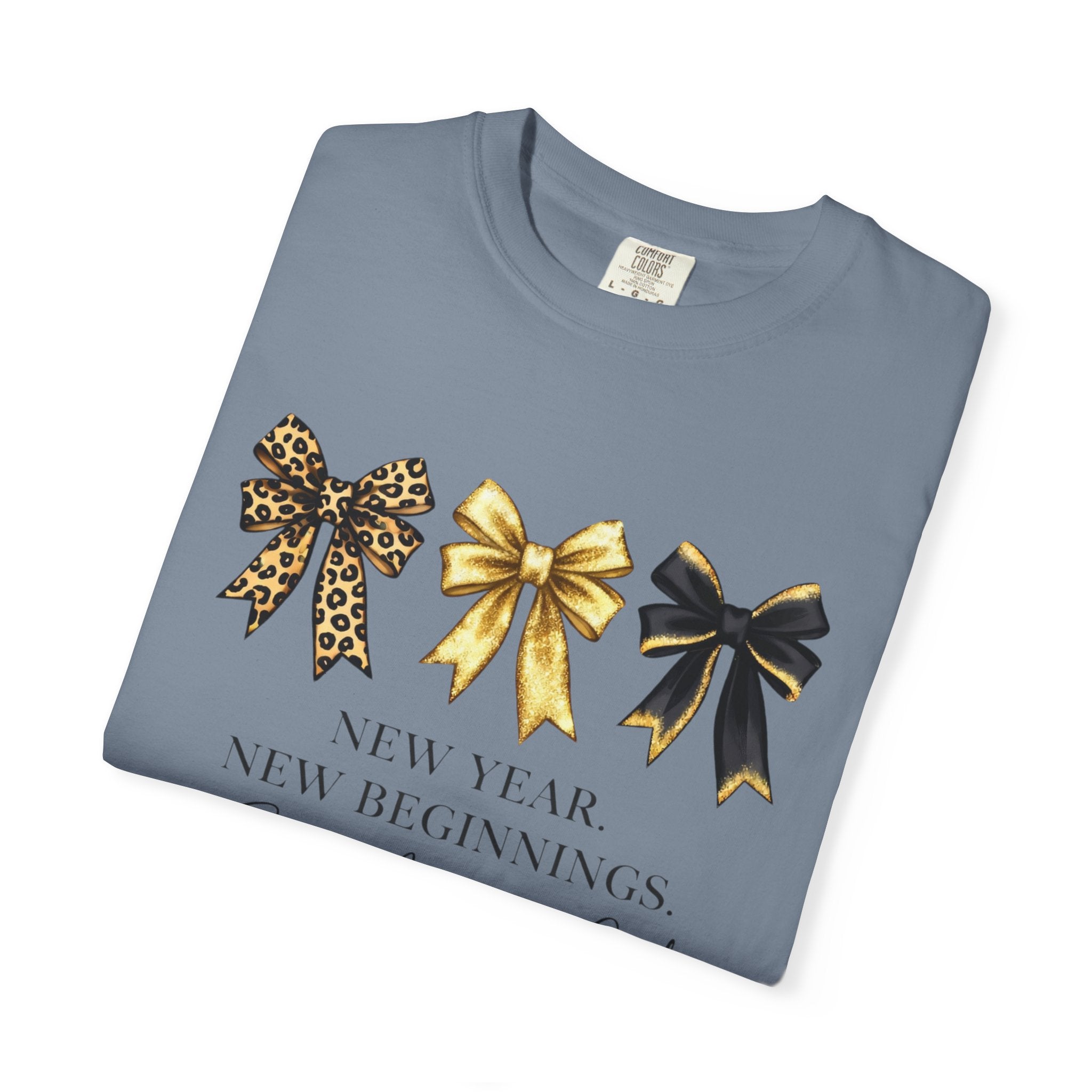 T-Shirt — "New Year, New Beginnings" Gold & Black Bow Graphic Tee