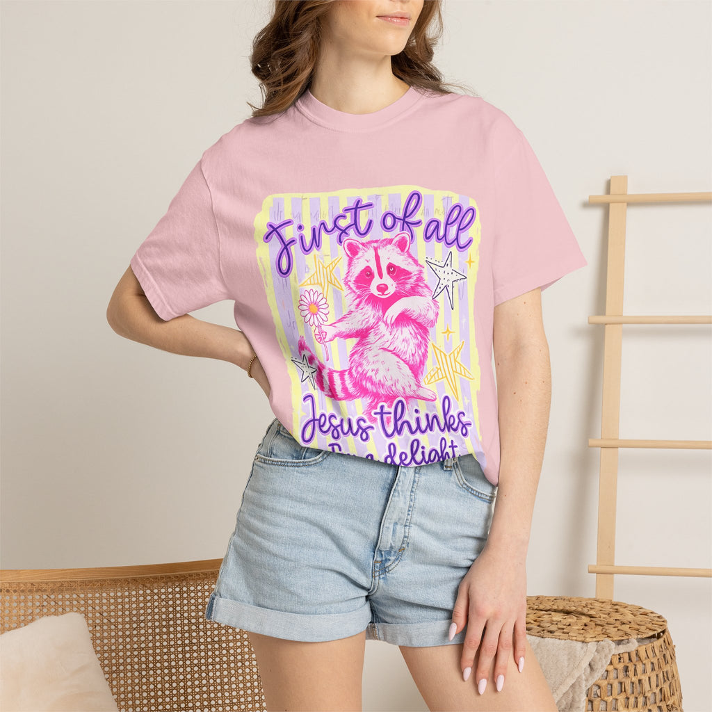 Raccoon Graphic T-Shirt — "First of All Jesus Thinks I’m a Delight" Christian Vintage Style Tee