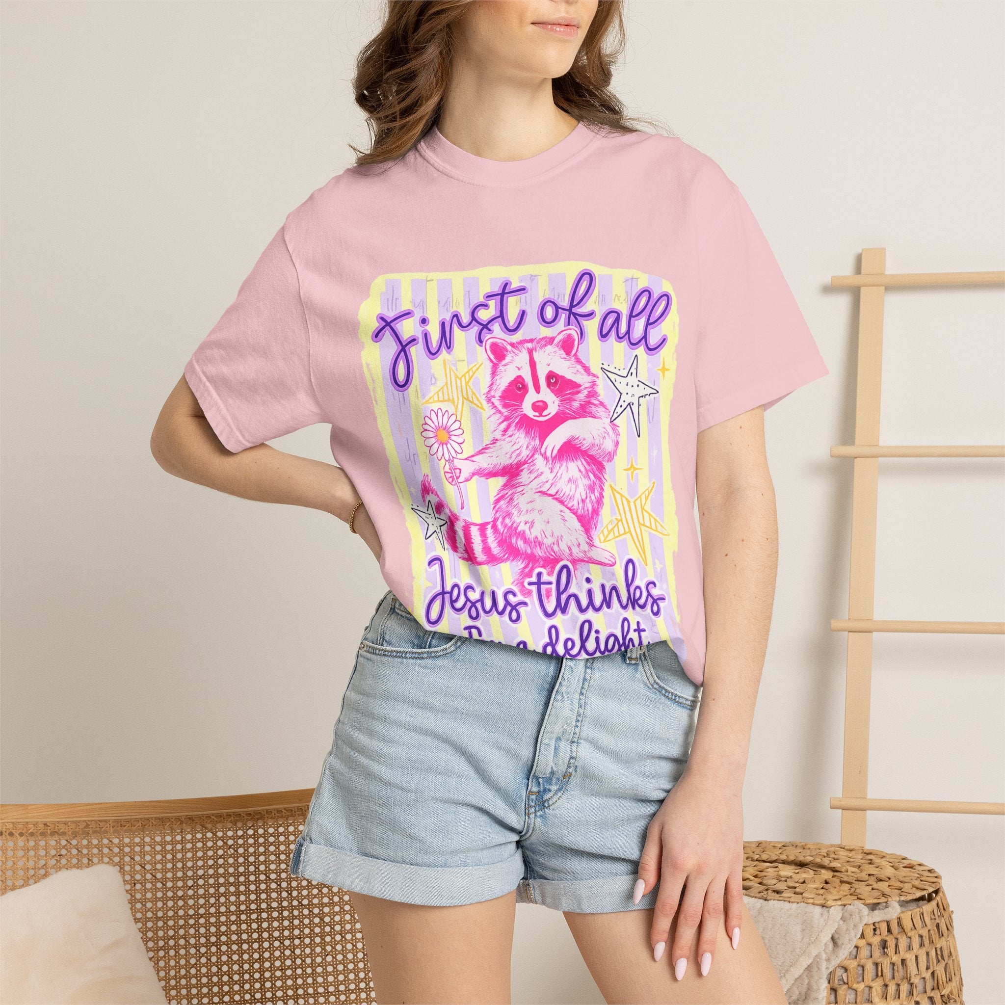 Raccoon Graphic T-Shirt — "First of All Jesus Thinks I’m a Delight" Christian Vintage Style Tee