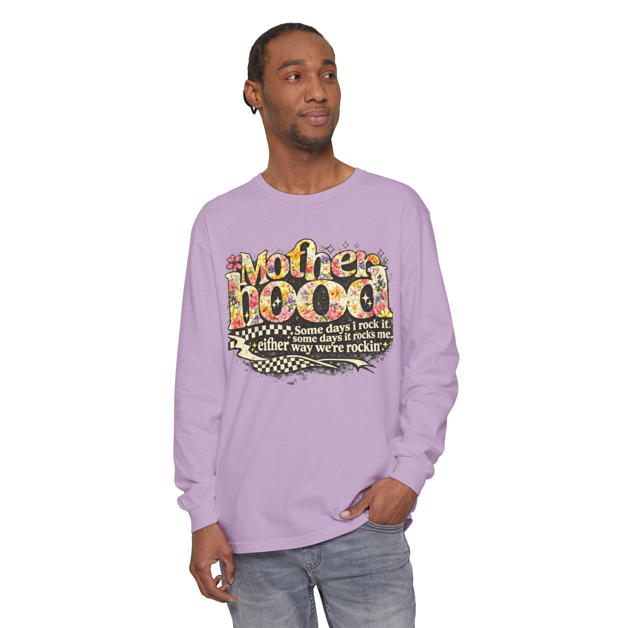 Motherhood Graphic Long Sleeve Tee — "Mother Doodle: Some days I rock it"