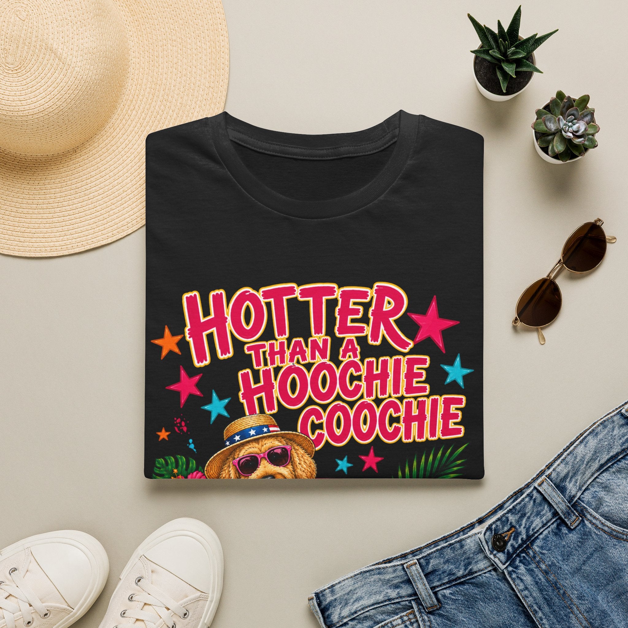 T-Shirt — "Hotter Than a Hoochie Coochie" Summer Graphic Tee (Beachy Dog Design)