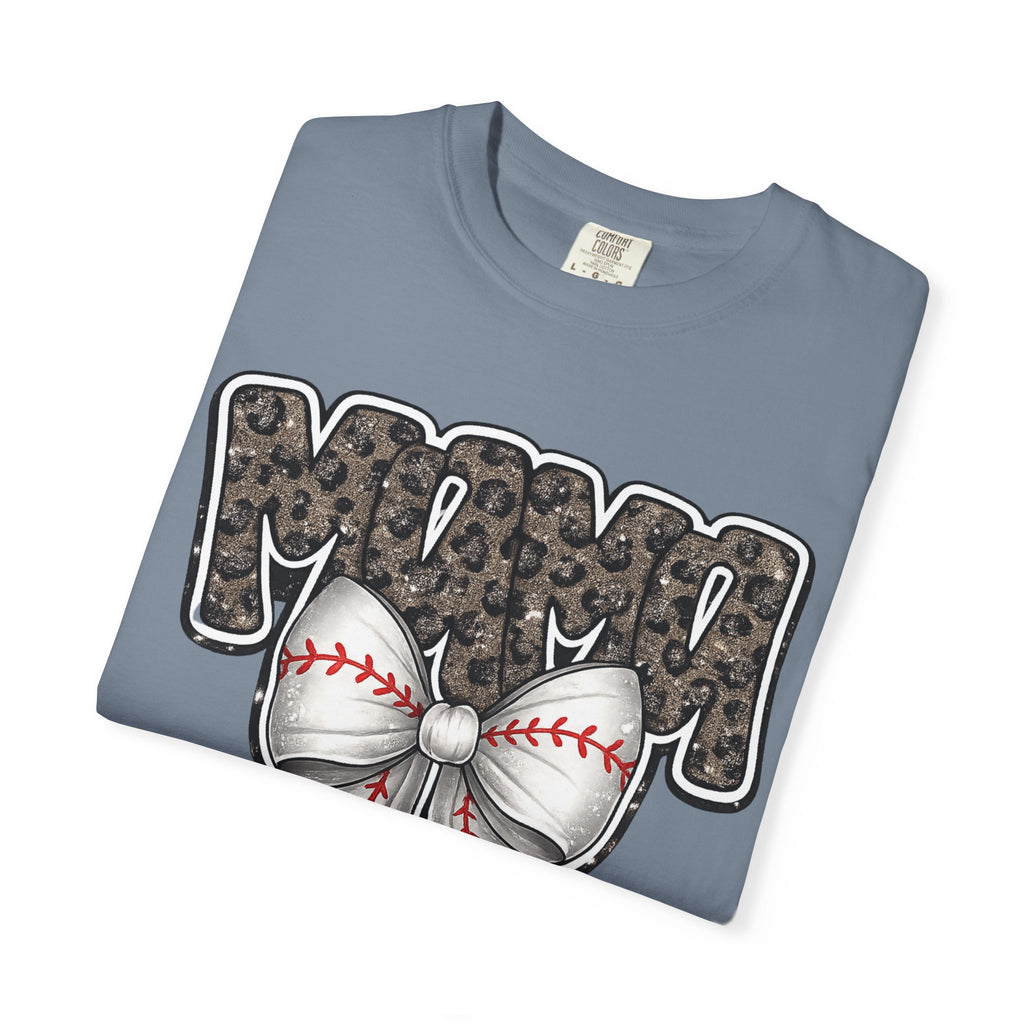 Baseball Mom T-Shirt — Camo Lettering with Baseball Bow
