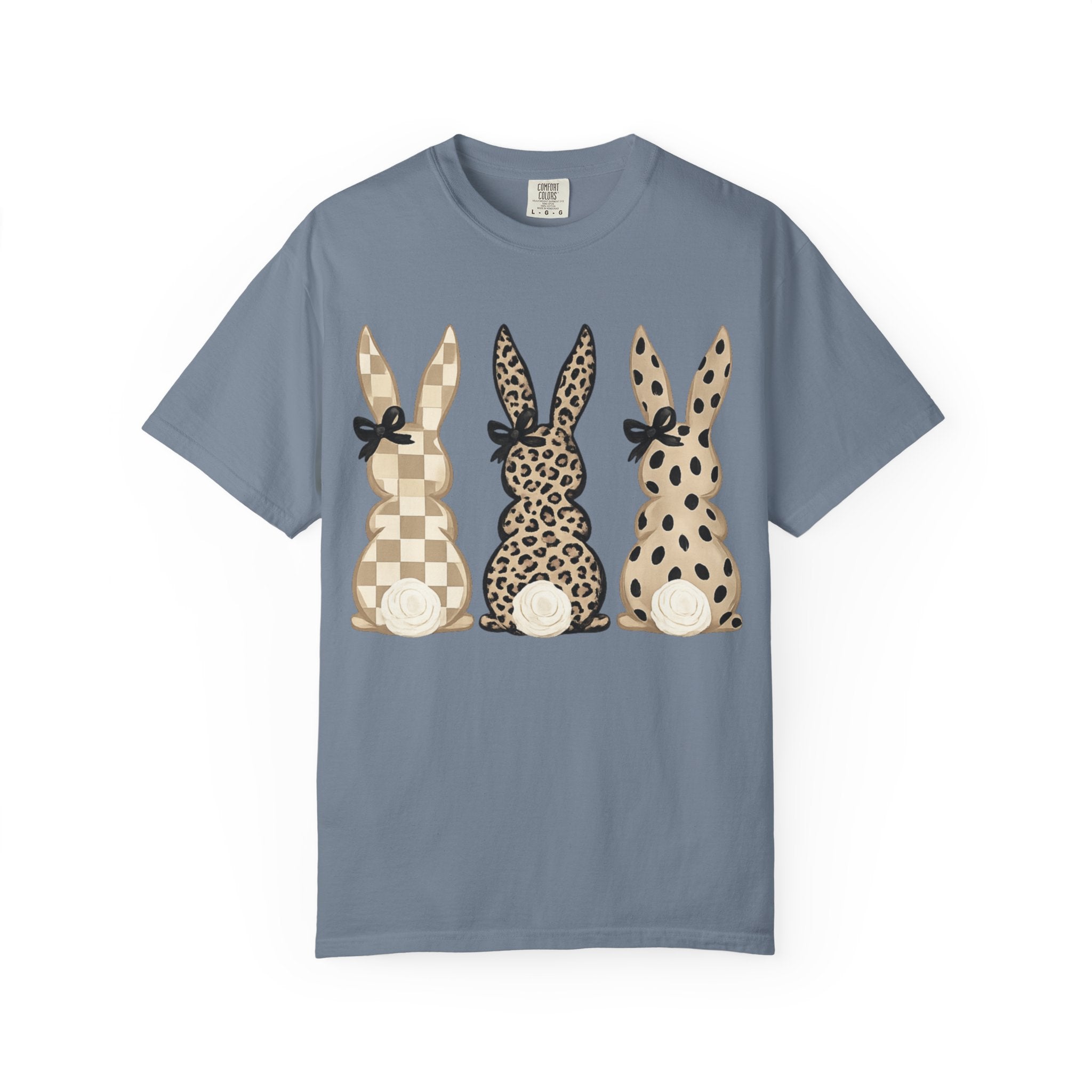 Easter Bunny Trio T-Shirt — Neutral Plaid, Leopard & Polka Dot Bunnies