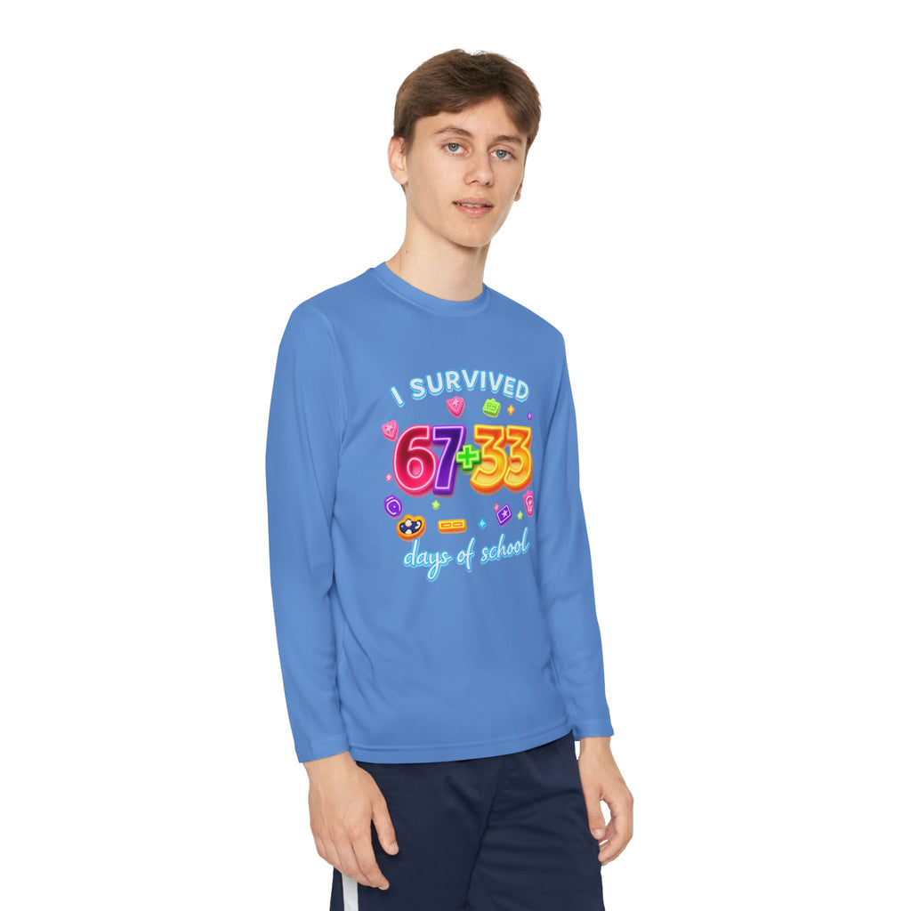 Youth Long Sleeve Tee — "I Survived 67+33 Days of School" Colorful Celebration Shirt