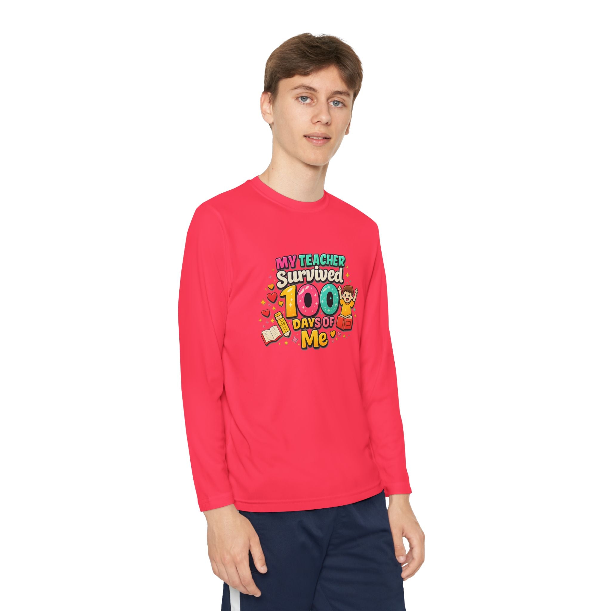 Kids Long Sleeve Tee — “My Teacher Survived 100 Days of Me” Colorful Celebration Shirt