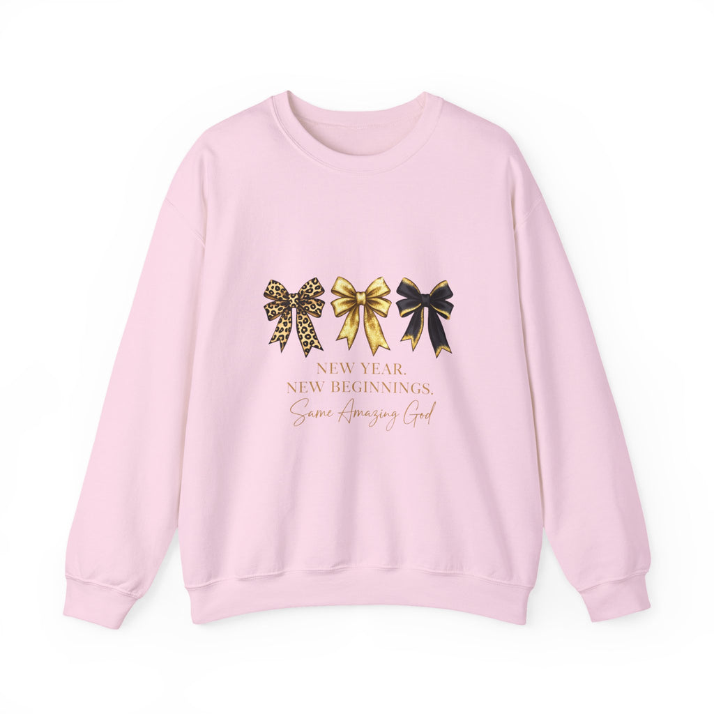 New Year Bows Crewneck Sweatshirt — “New Year New Beginnings” Glitter Bow Design