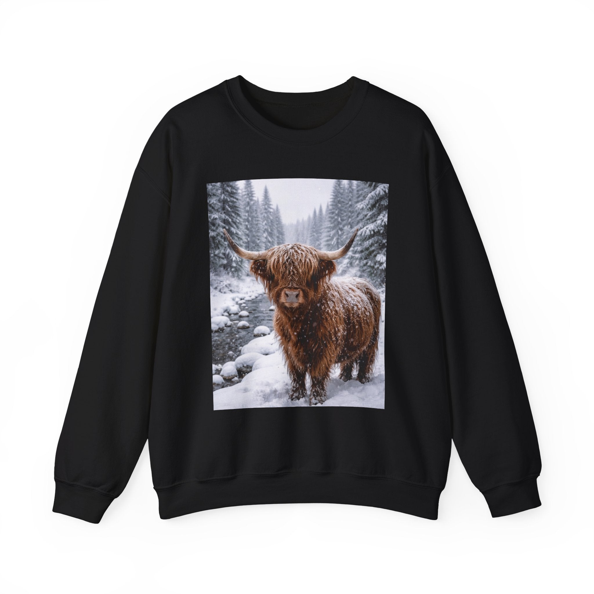 Highland Cow in Snow Crewneck Sweatshirt - Cozy Winter Forest Highlander Graphic