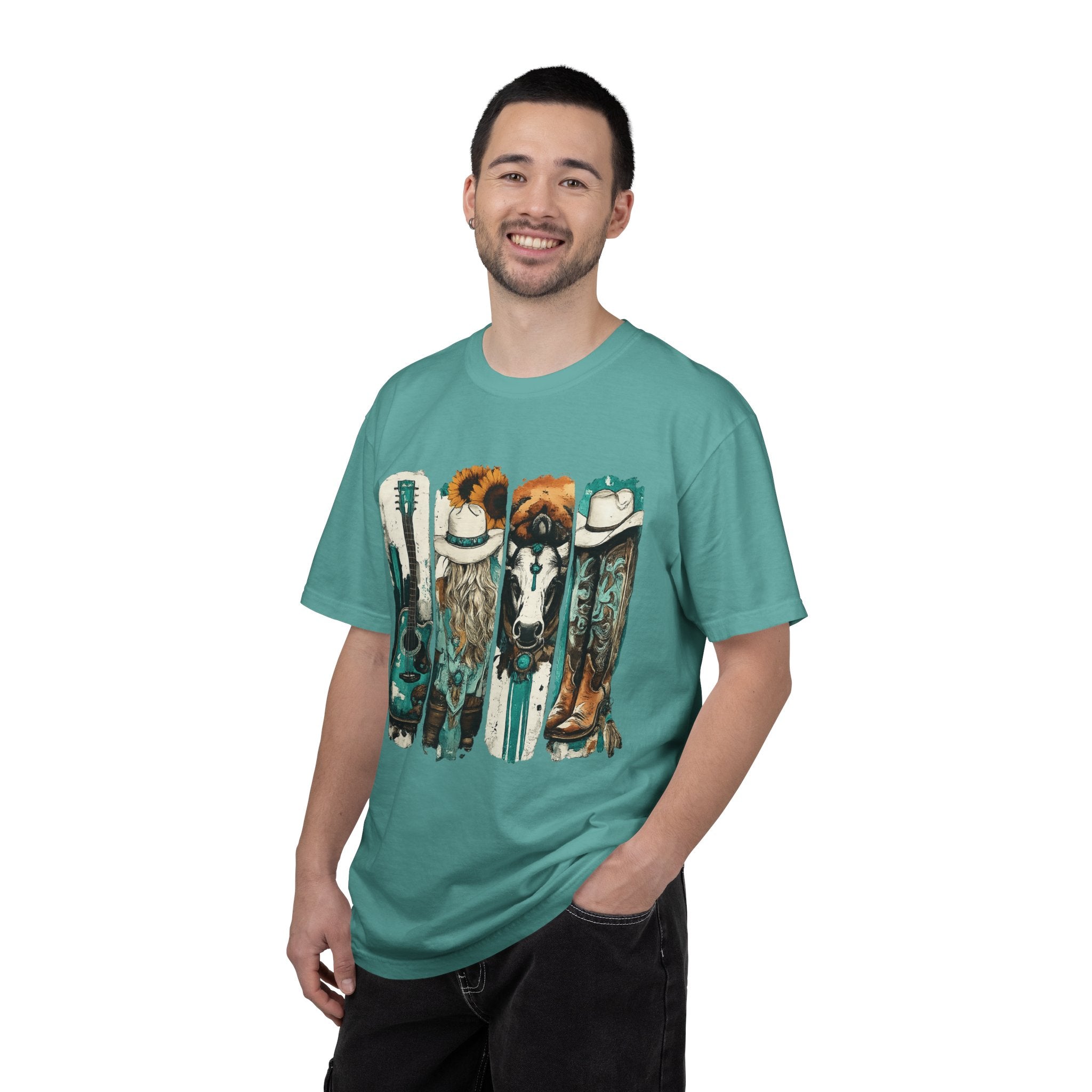 Western Music Icons T-Shirt — Rustic Guitar, Boots & Hat Graphic Tee