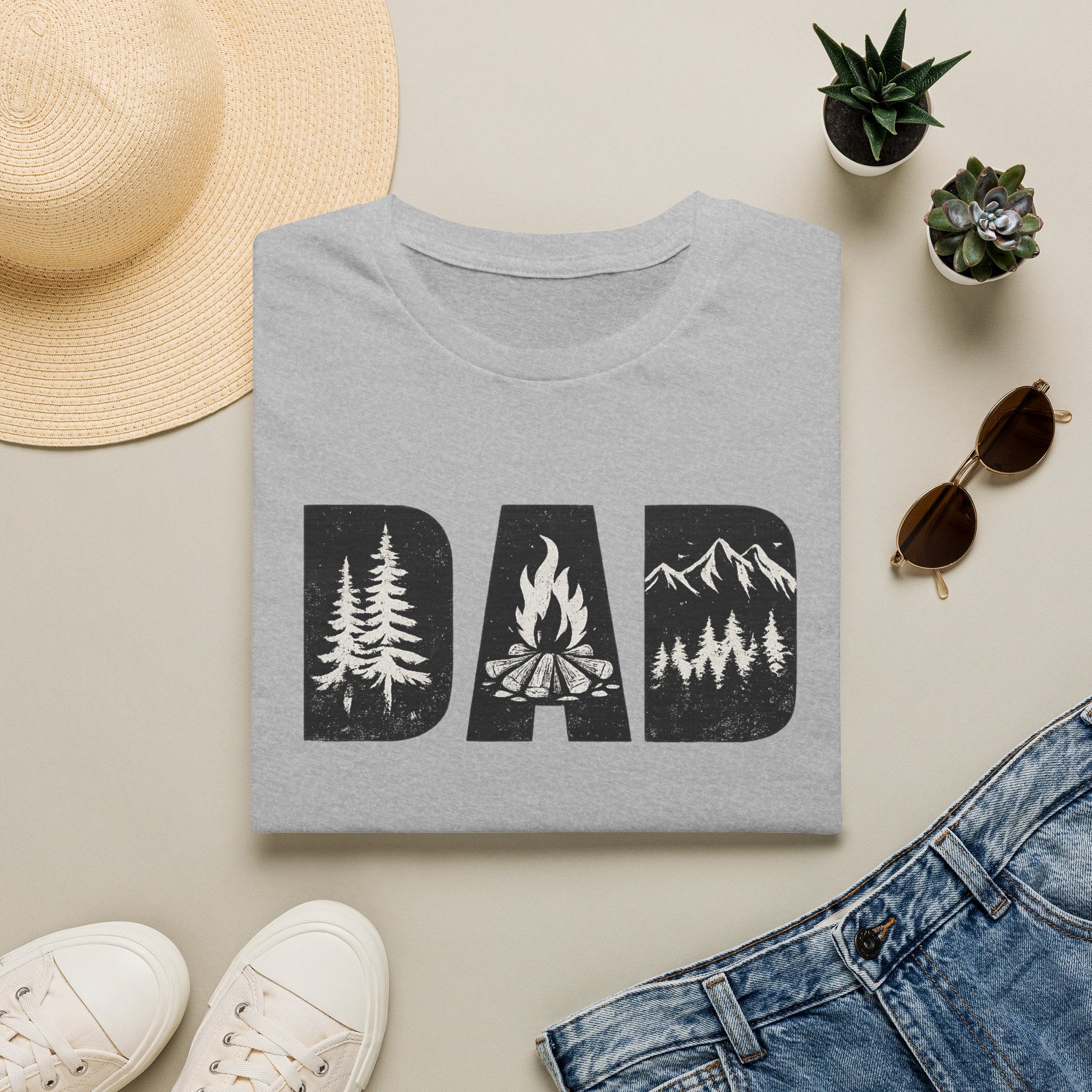 Dad Camping T-Shirt — Rustic Outdoors Father’s Day Shirt (DAD with Trees, Campfire & Mountains)