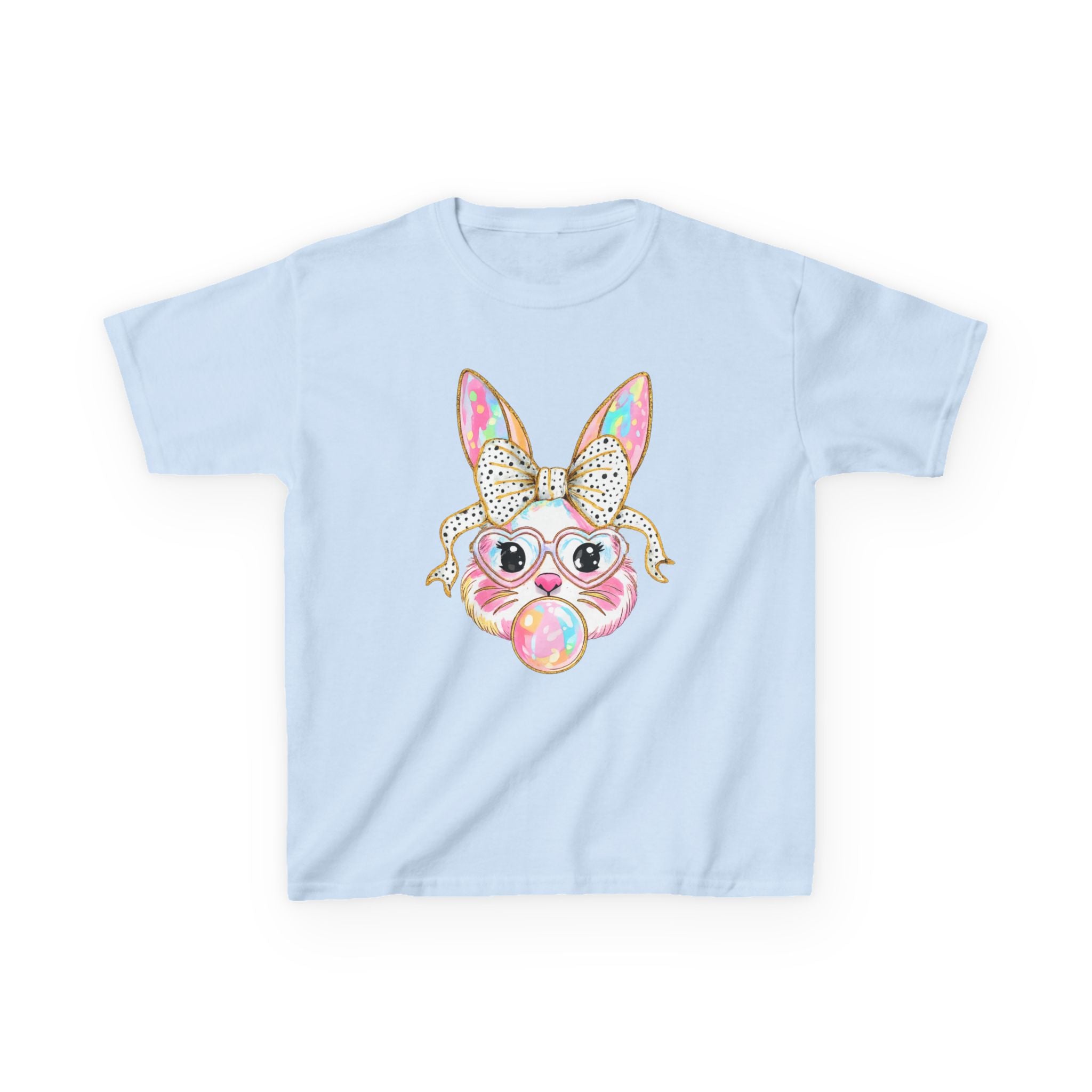 Kids Bunny Bubblegum Tee — Cute Bunny with Bow & Glasses Kids T-Shirt