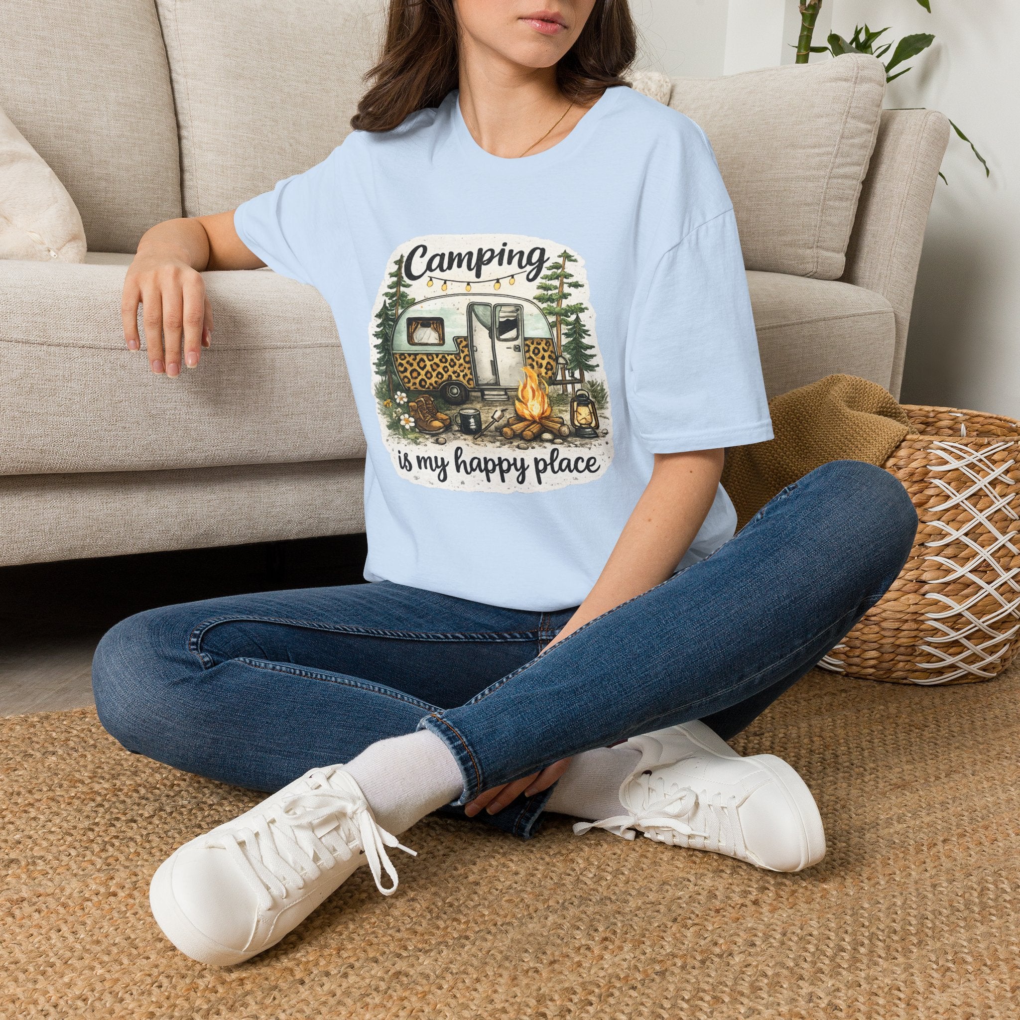 Camping Is My Happy Place T‑Shirt — Leopard Camper Graphic Tee