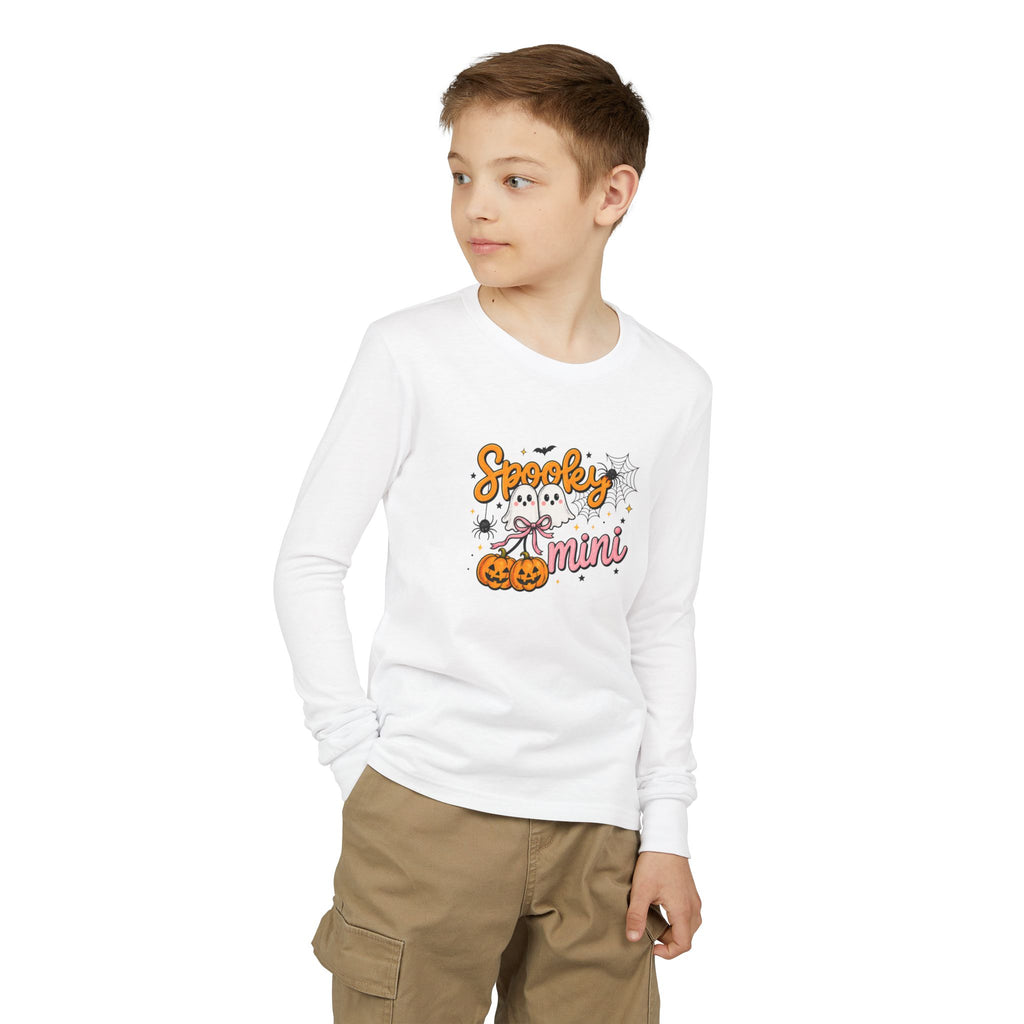 Youth Long Sleeve Tee — "Spooky Mini" Halloween Ghost & Pumpkin Kids Shirt