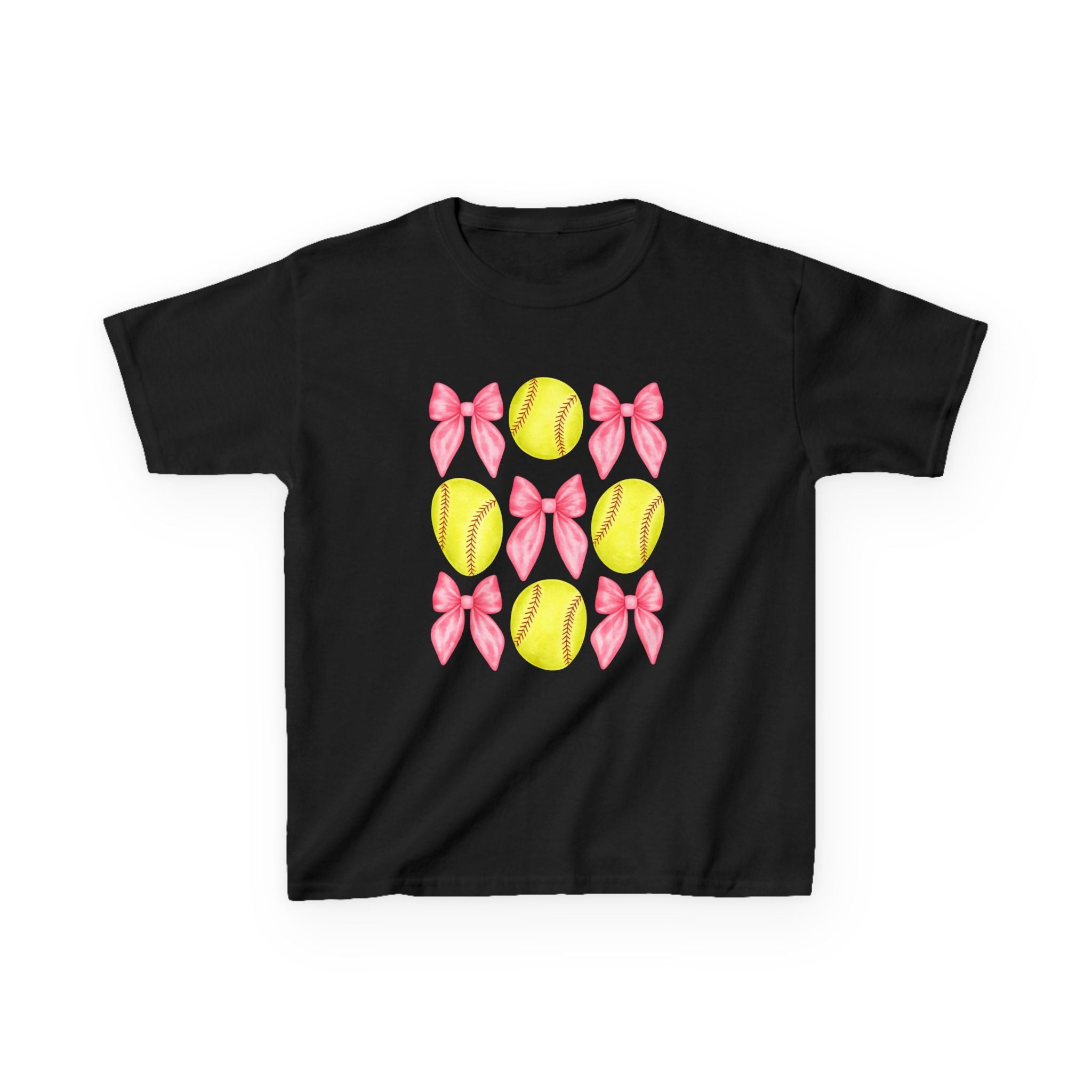 Girls Softball & Bows Kids Tee — Pink Bow Softball Pattern Shirt