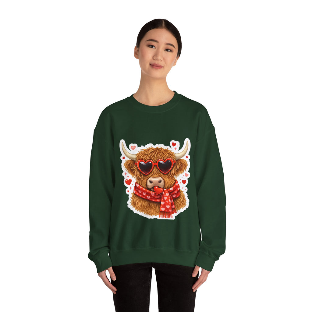 Valentine Highland Cow Sweatshirt – Cute Heart Sunglasses & Scarf Crewneck