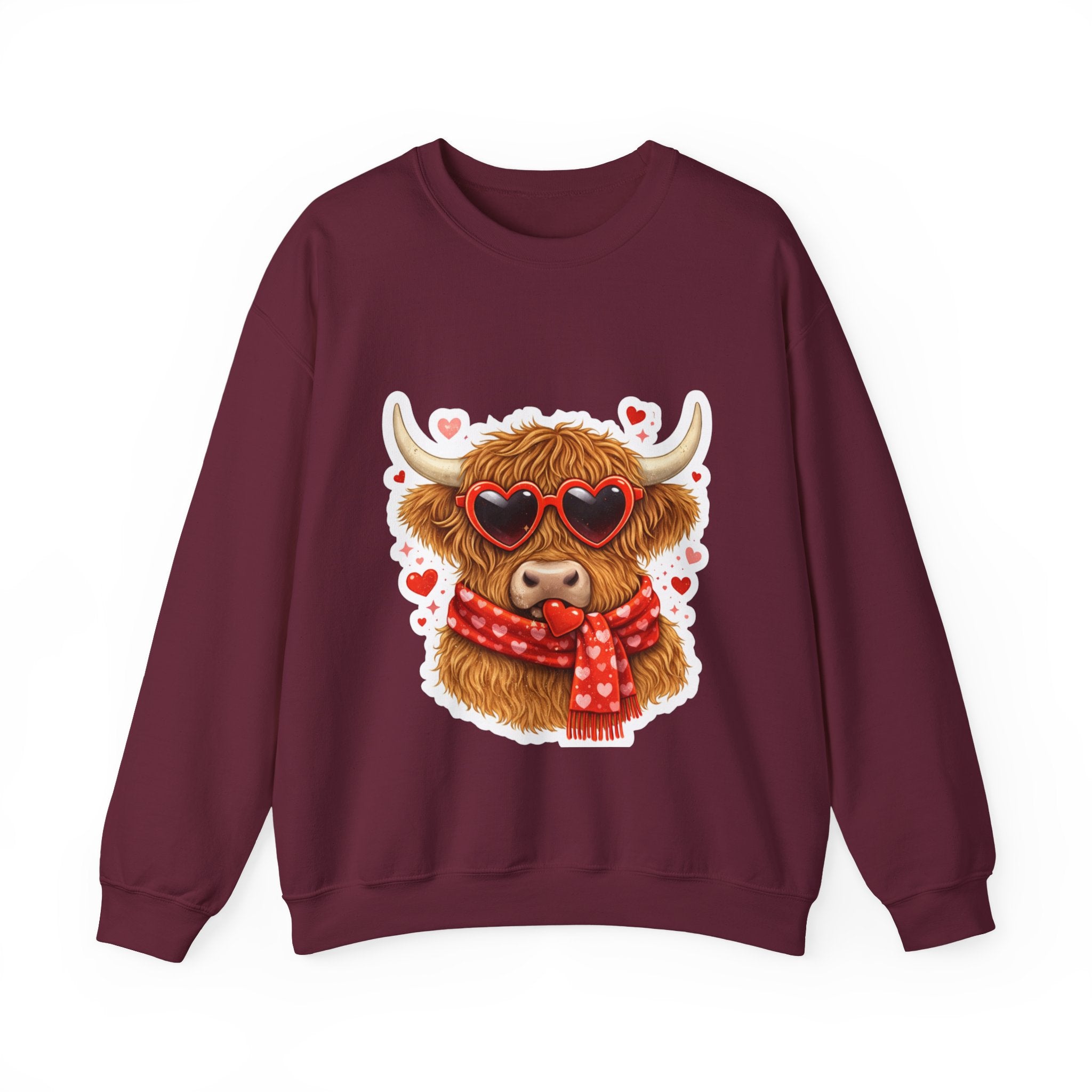 Valentine Highland Cow Sweatshirt – Cute Heart Sunglasses & Scarf Crewneck