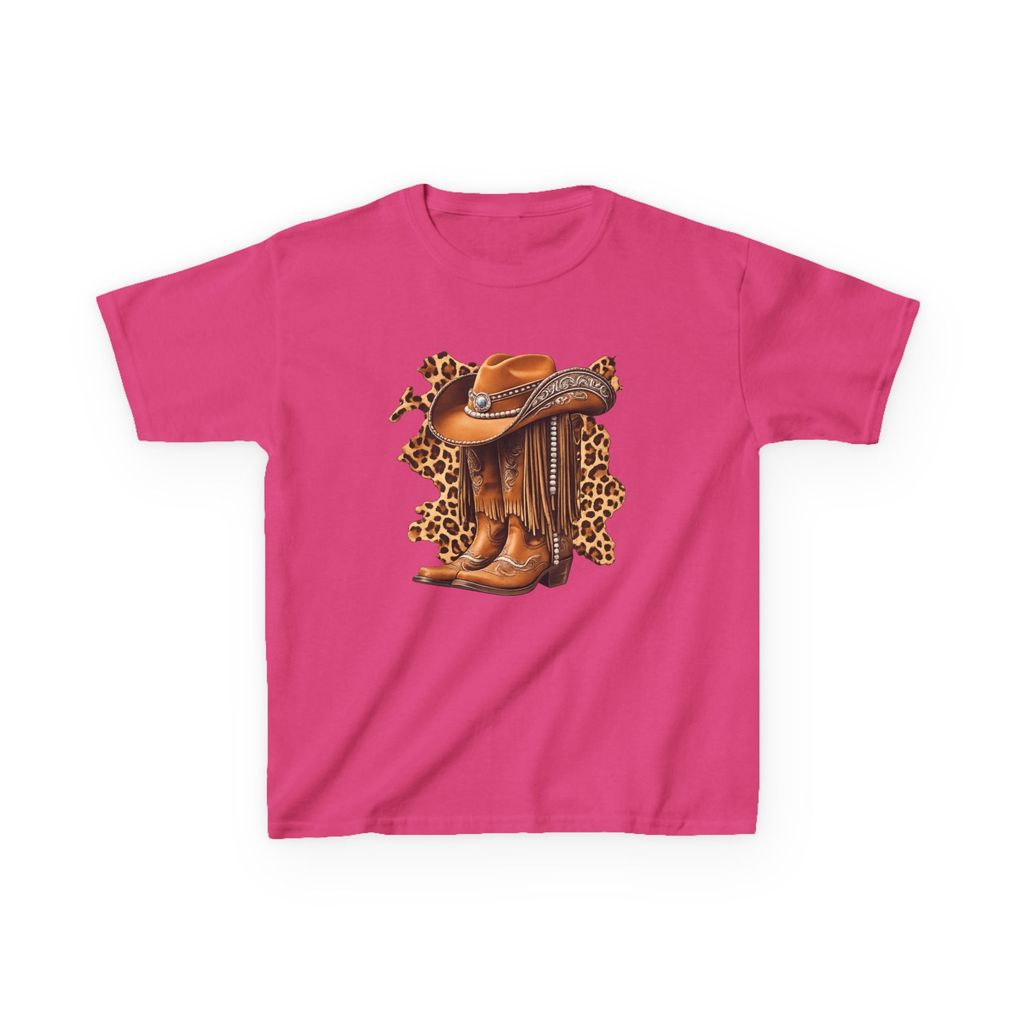 Kids Cowboy Hat & Boots Tee — Leopard Print Western Kids T-Shirt