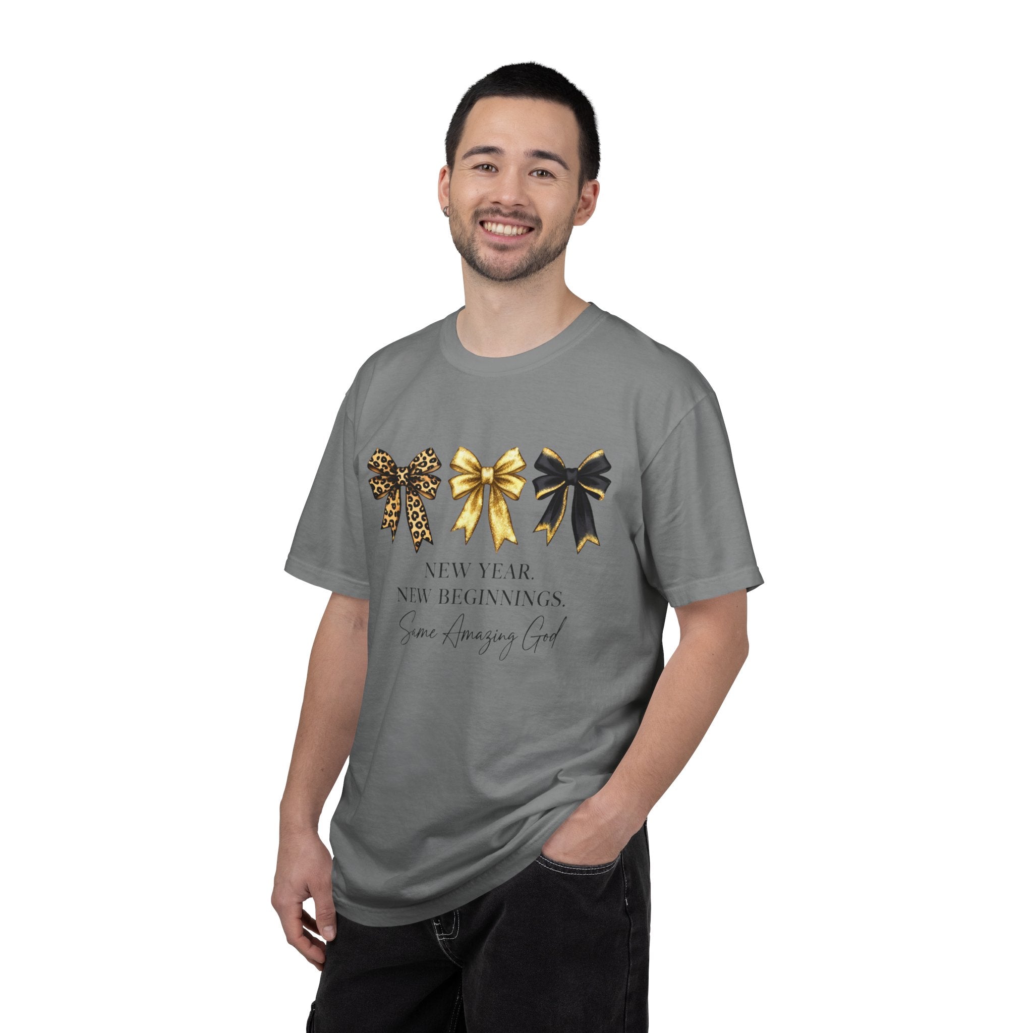 T-Shirt — "New Year, New Beginnings" Gold & Black Bow Graphic Tee