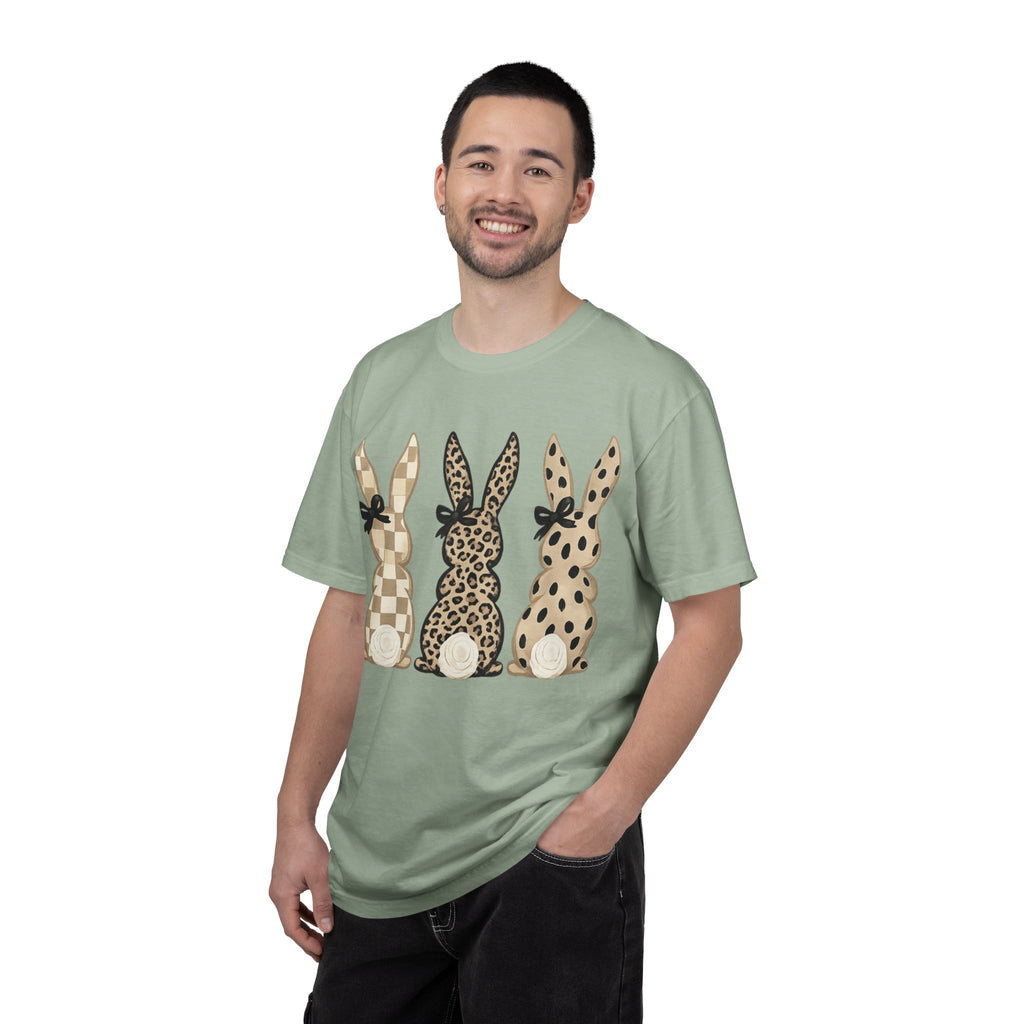 Easter Bunny Trio T-Shirt — Neutral Plaid, Leopard & Polka Dot Bunnies