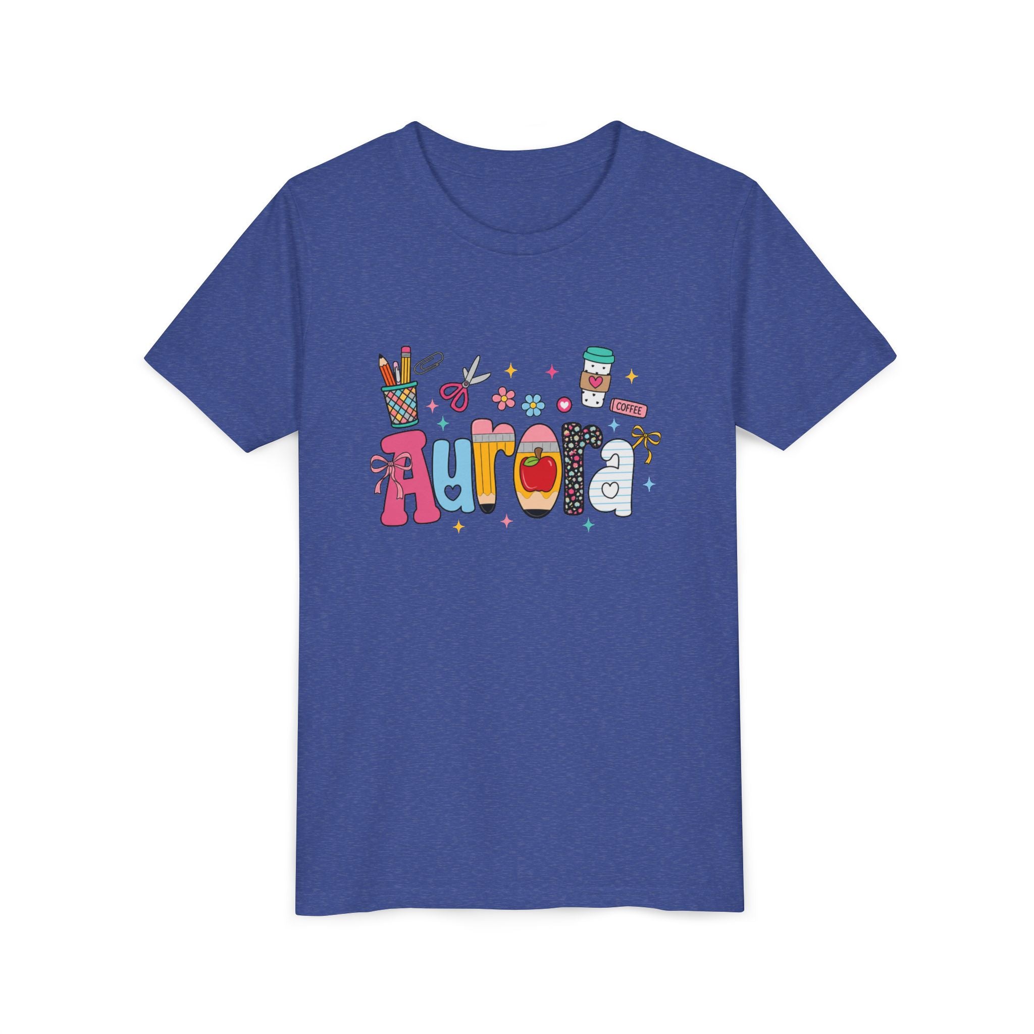 Aurora Kids' Name Tee — Colorful School Supplies Graphic Youth T-Shirt