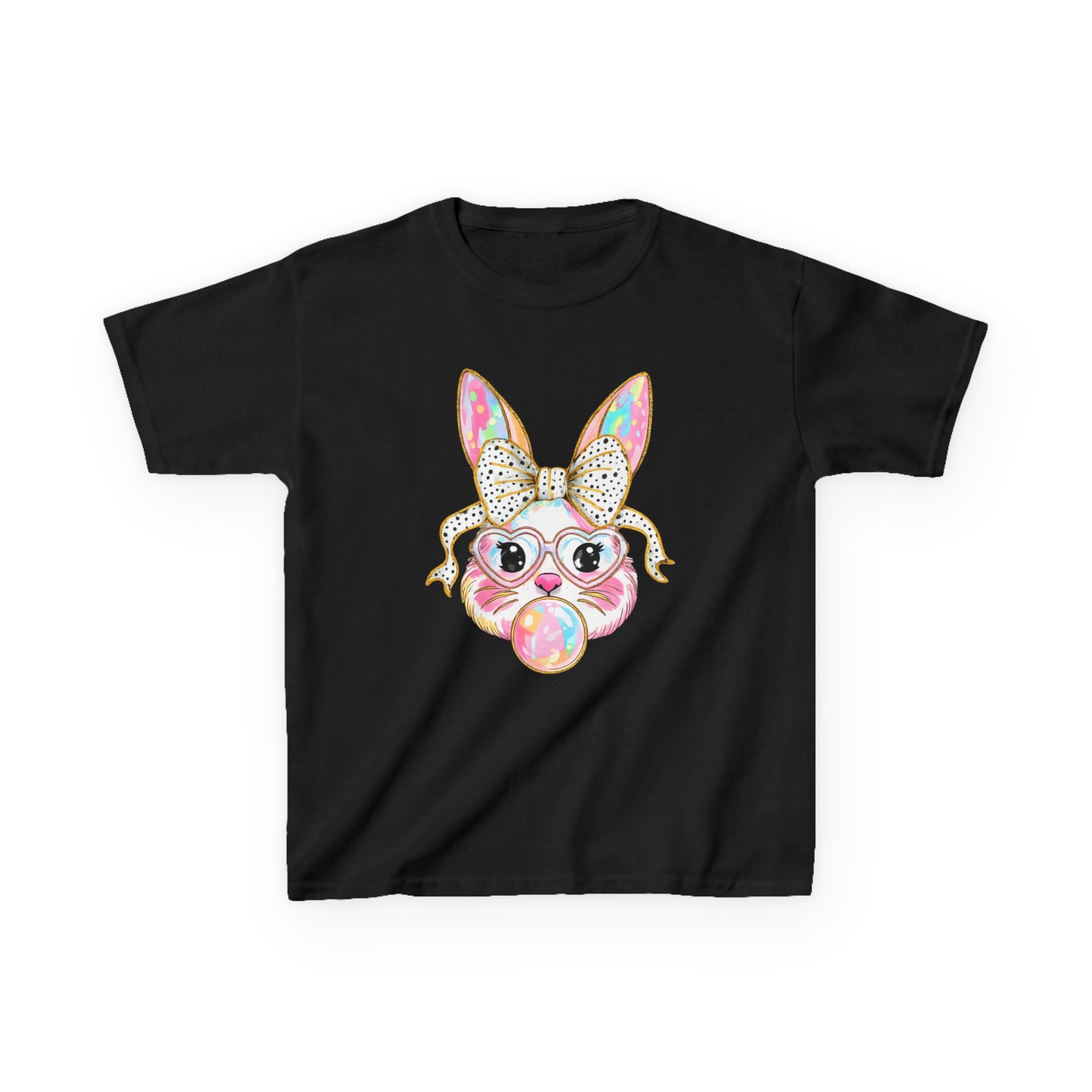Kids Bunny Bubblegum Tee — Cute Bunny with Bow & Glasses Kids T-Shirt