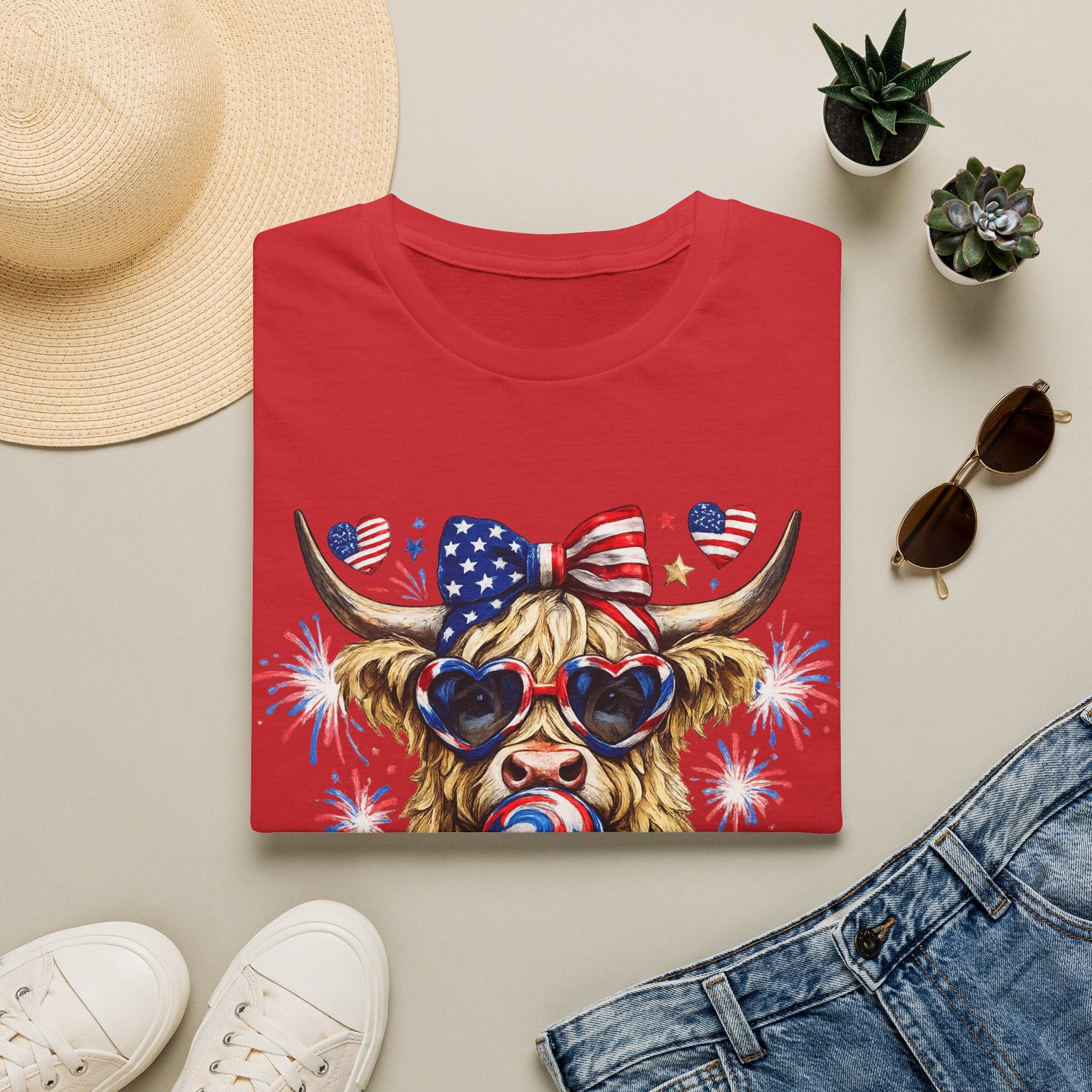 Patriotic Highland Cow T-Shirt — 4th of July American Flag Cow Tee