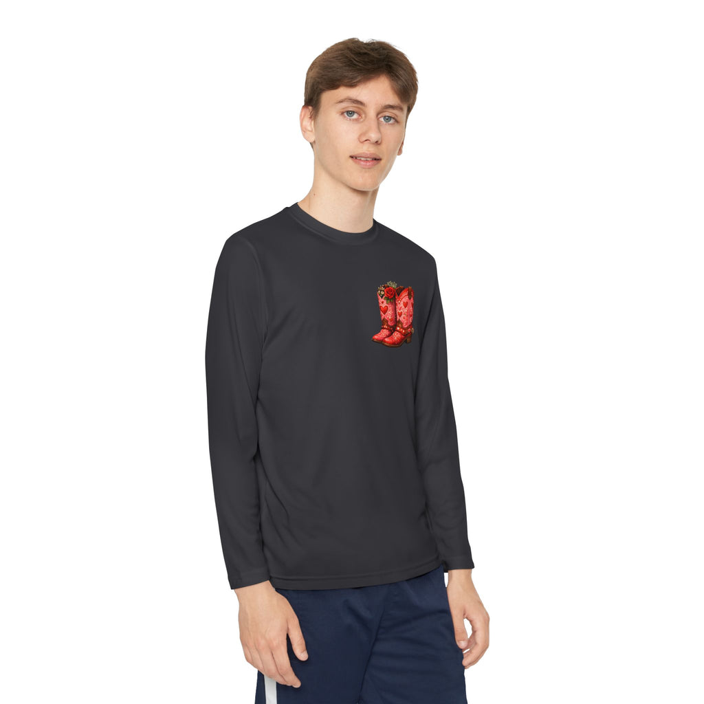 Youth Long Sleeve Tee — “All a Girl Needs is a Right Pair of Boots” Cowboy Boots Graphic