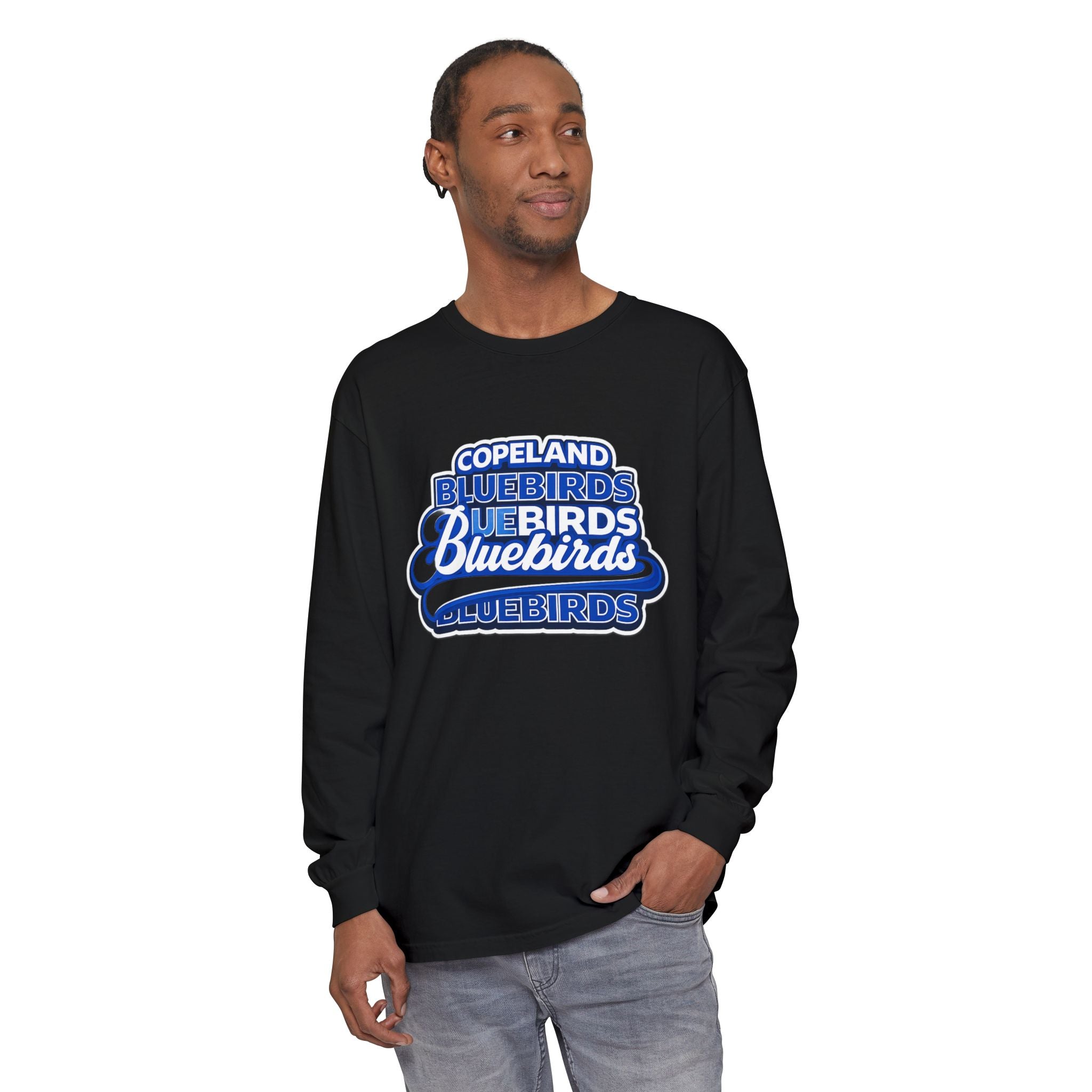 Bluebirds Crew Long Sleeve T‑Shirt — Retro Layered School Spirit Design