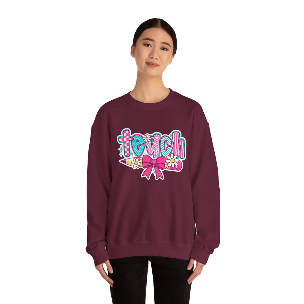 Teacher Pencil Crewneck Sweatshirt — "Teach" Floral School Spirit Pullover