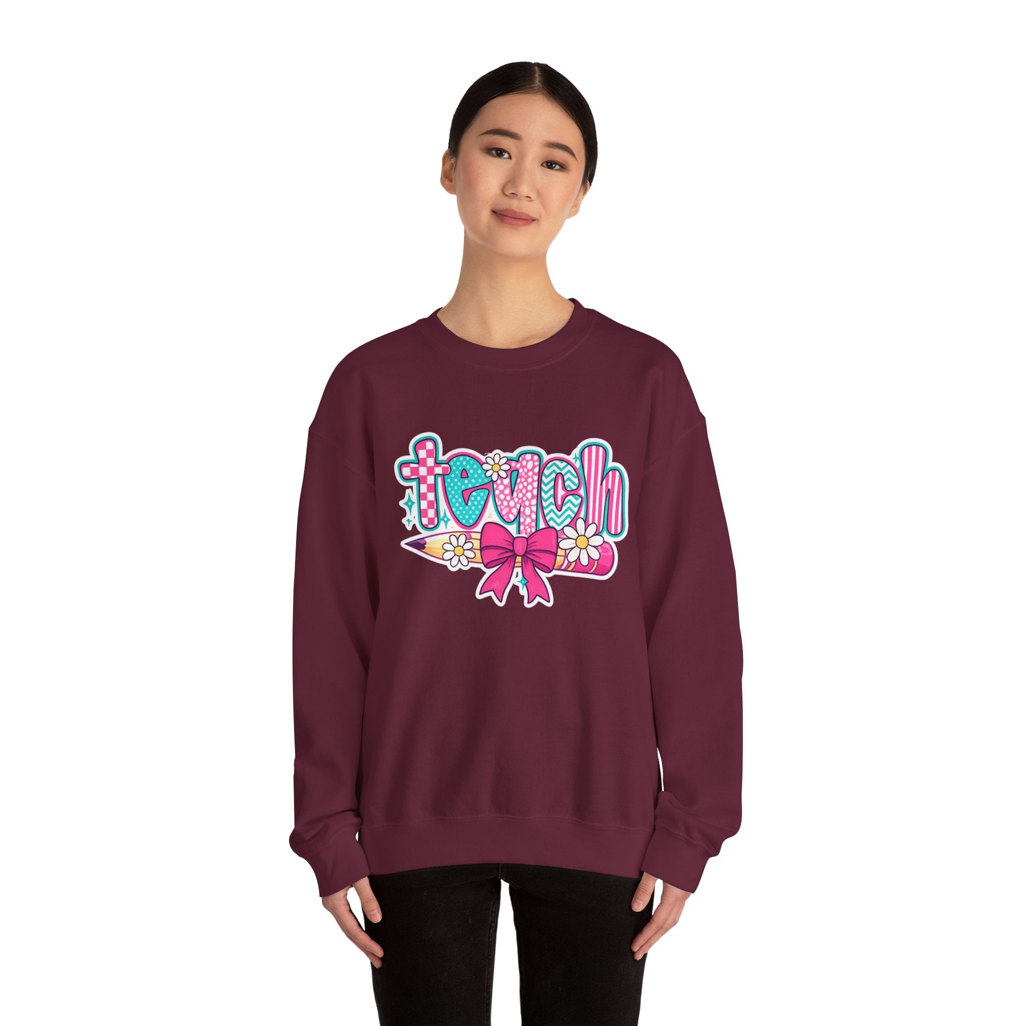 Teacher Pencil Crewneck Sweatshirt — "Teach" Floral School Spirit Pullover
