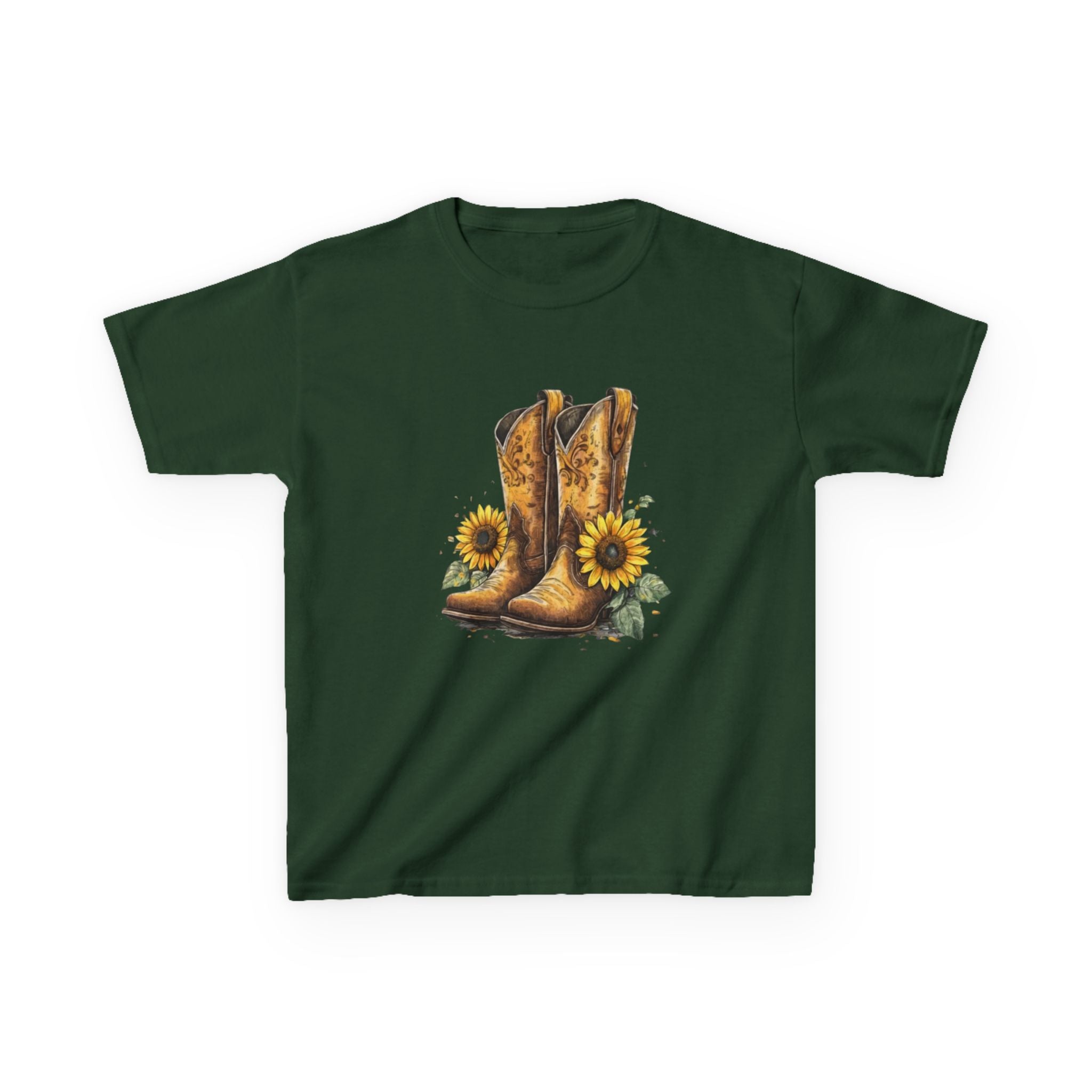 Kids Cowboy Boots & Sunflowers T-Shirt — Western Farmyard Tee for Children