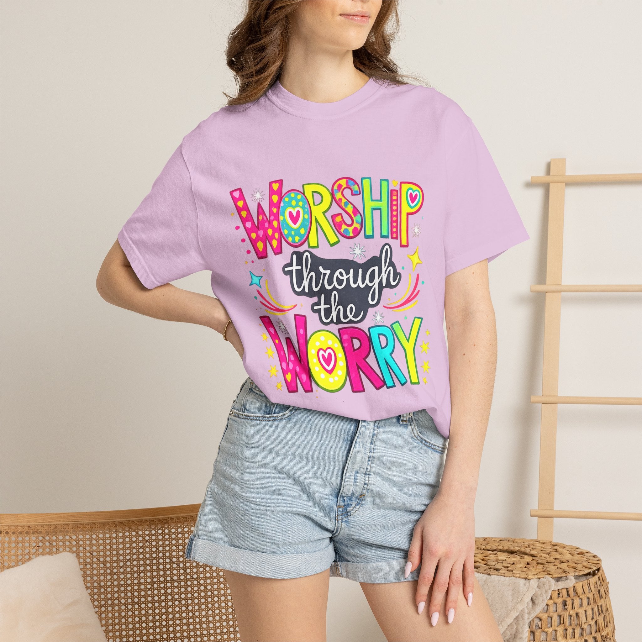 Worship Through the Worry T-Shirt — Colorful Christian Faith Tee