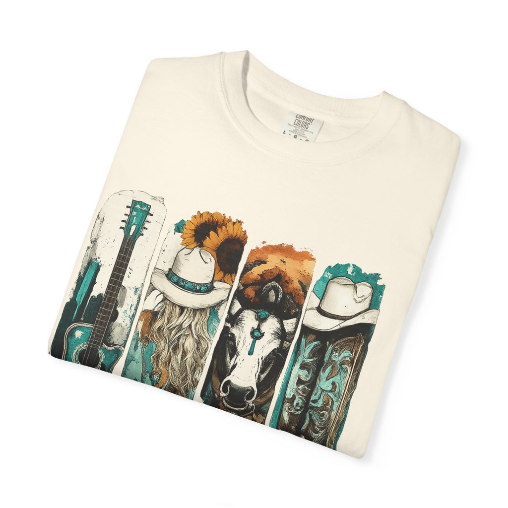 Western Music Icons T-Shirt — Rustic Guitar, Boots & Hat Graphic Tee