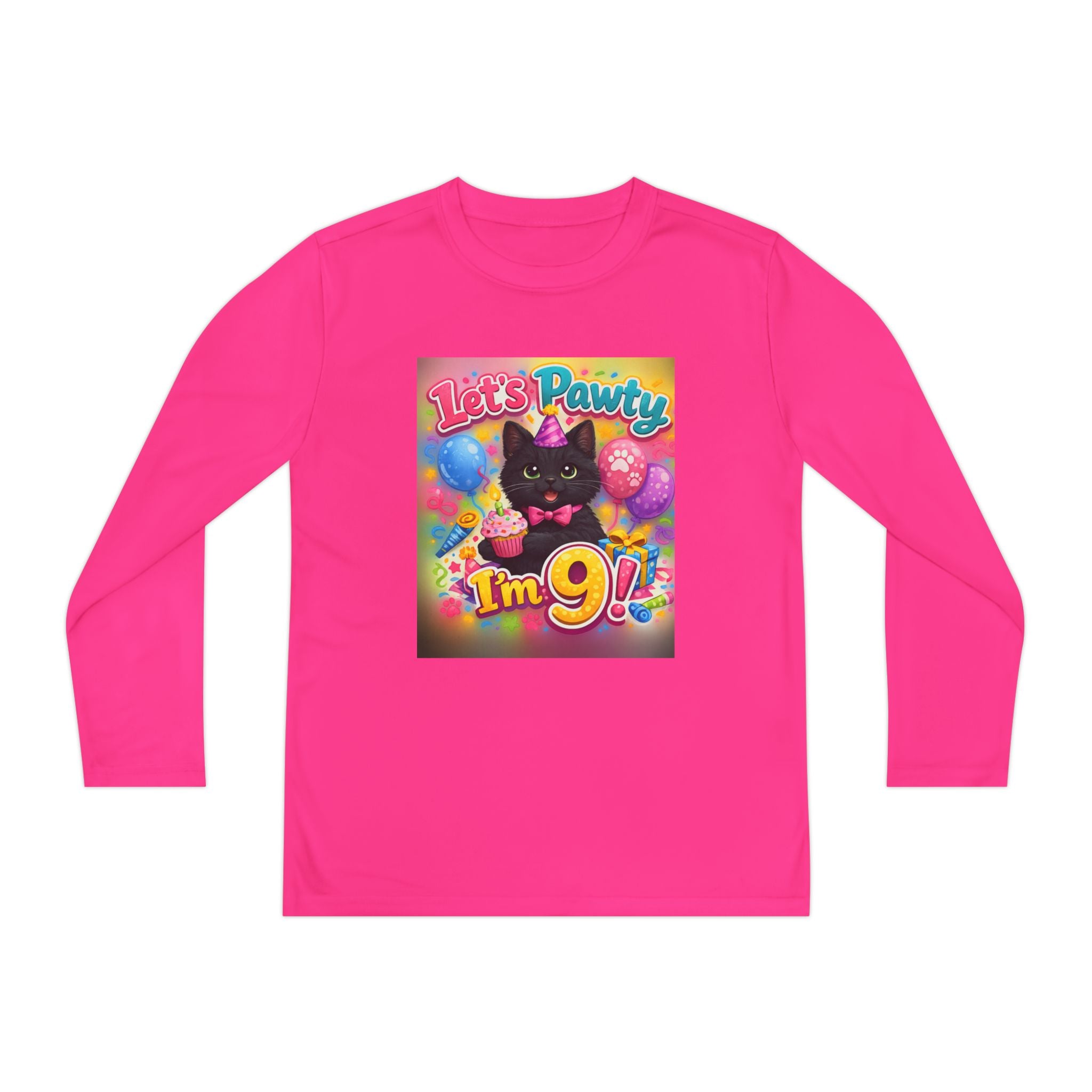 Kids' 9th Birthday Long Sleeve Tee — "Let's Pawty I'm 9!" Cat Birthday Shirt