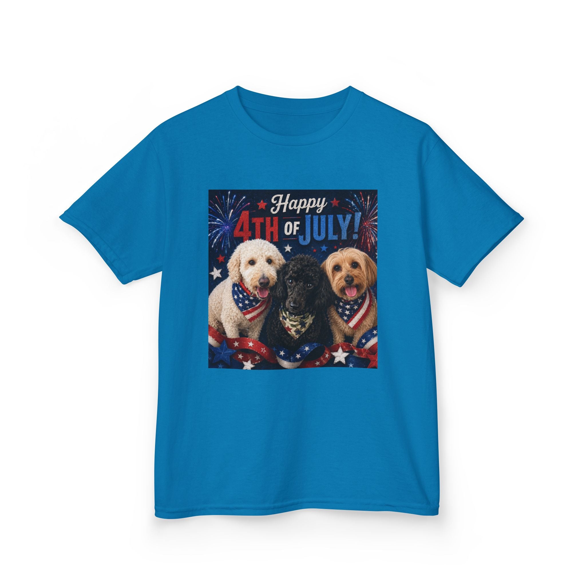 4th of July Kids Tee – Patriotic Dogs "Happy 4th of July"