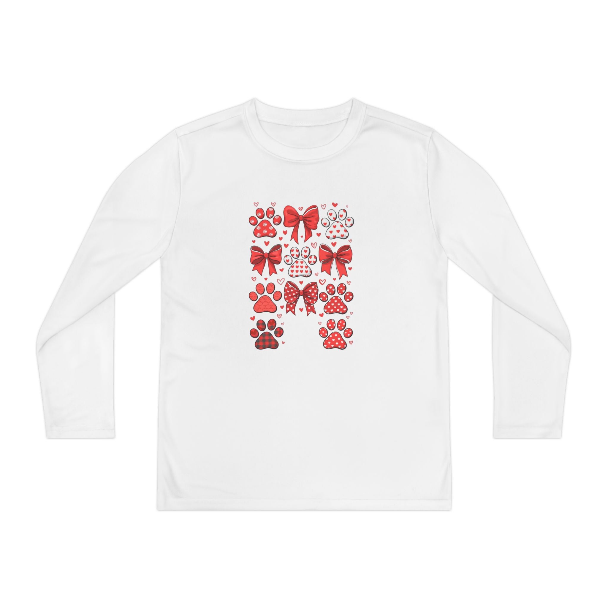 Youth Long Sleeve Tee - Red Paw & Bow Valentine Animal Print
