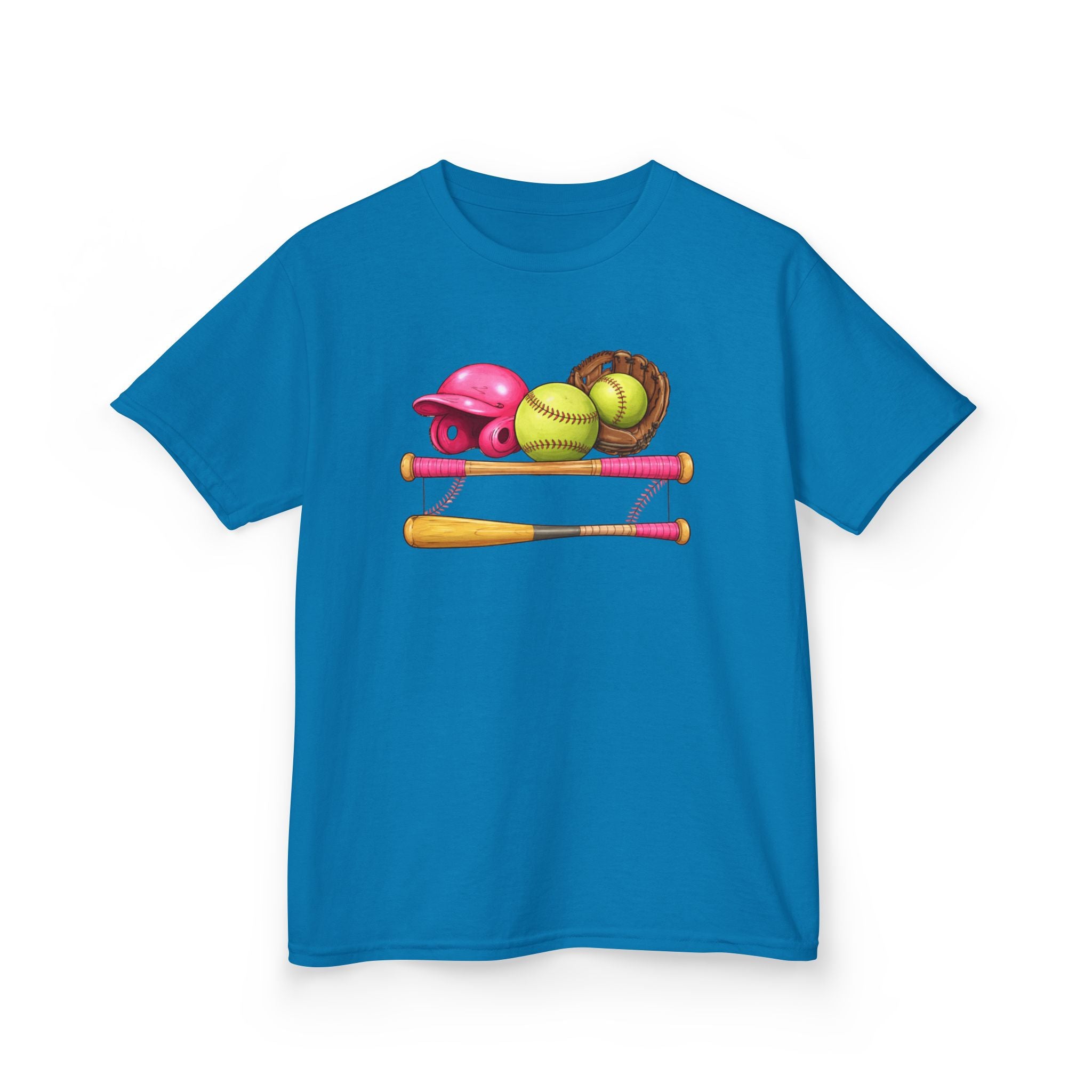 Kids Softball Gear T-Shirt — Pink Helmet, Bat & Glove Baseball Design