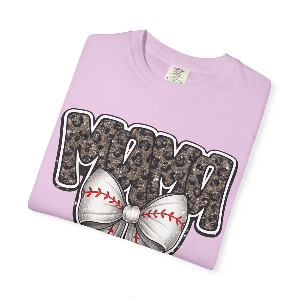 Baseball Mom T-Shirt — Camo Lettering with Baseball Bow