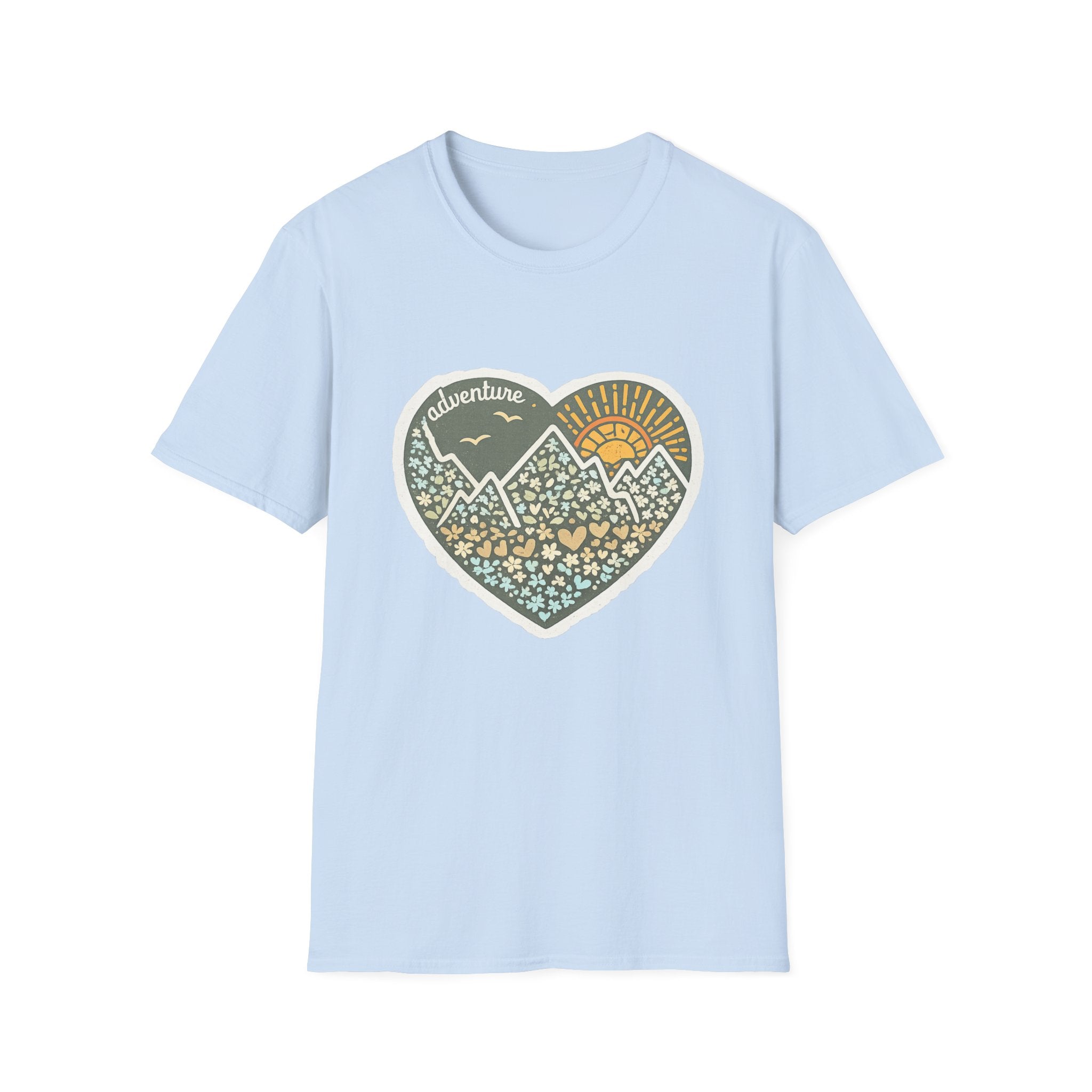 Adventure Heart Mountain T‑Shirt — Sunrise Nature Graphic Tee for Hikers & Outdoor Lovers
