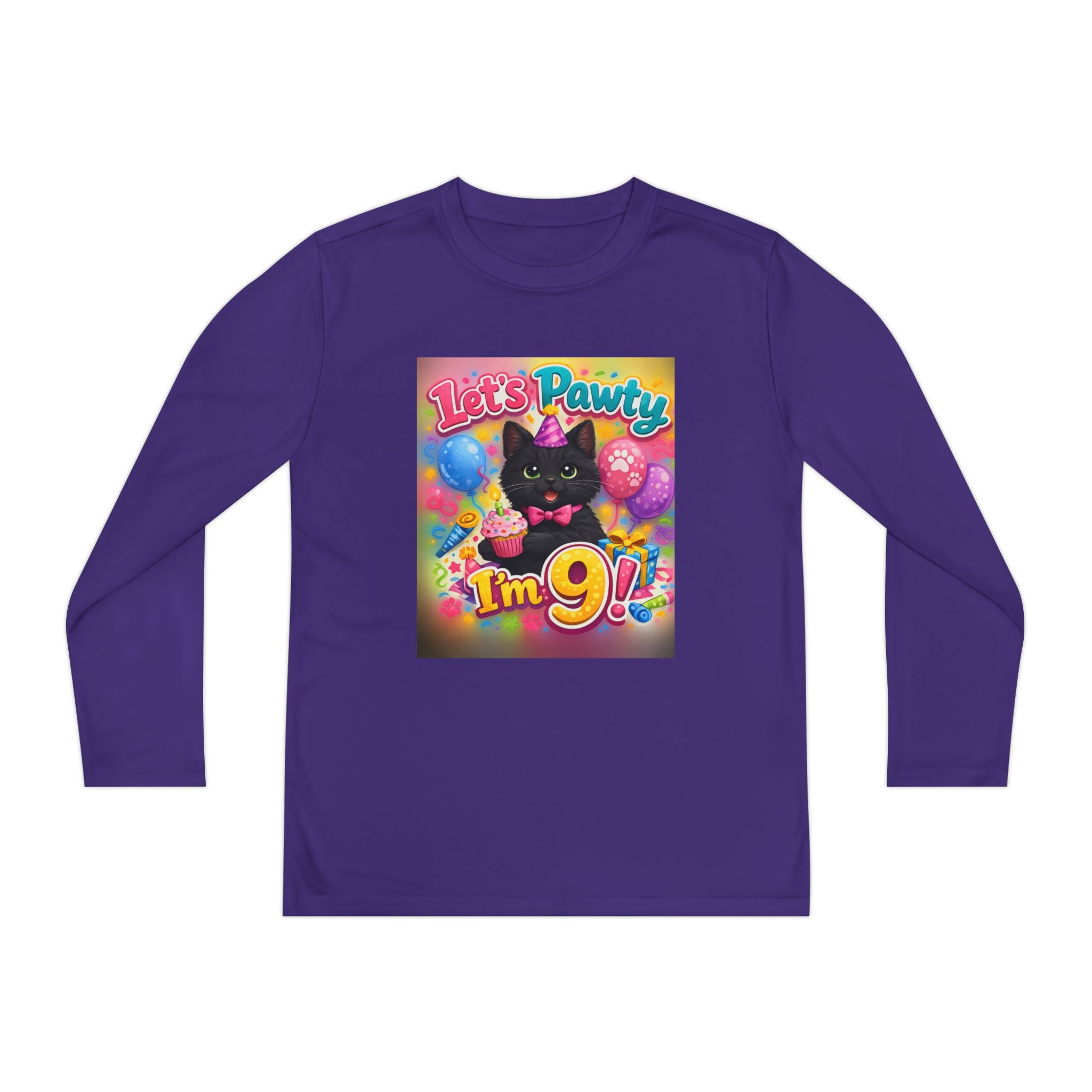 Kids' 9th Birthday Long Sleeve Tee — "Let's Pawty I'm 9!" Cat Birthday Shirt