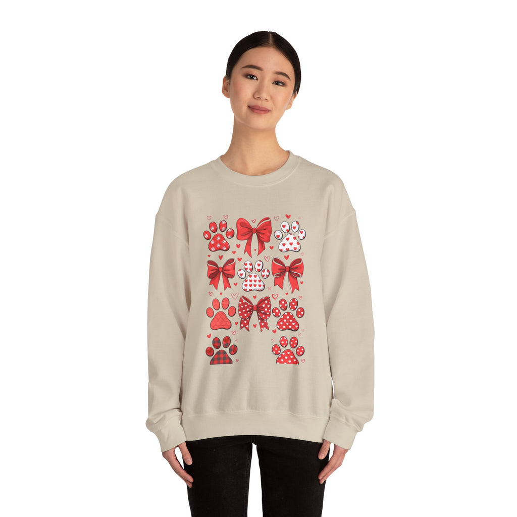 Valentine Paw Print Crewneck Sweatshirt — Red Bows & Hearts Pet Lover Pullover