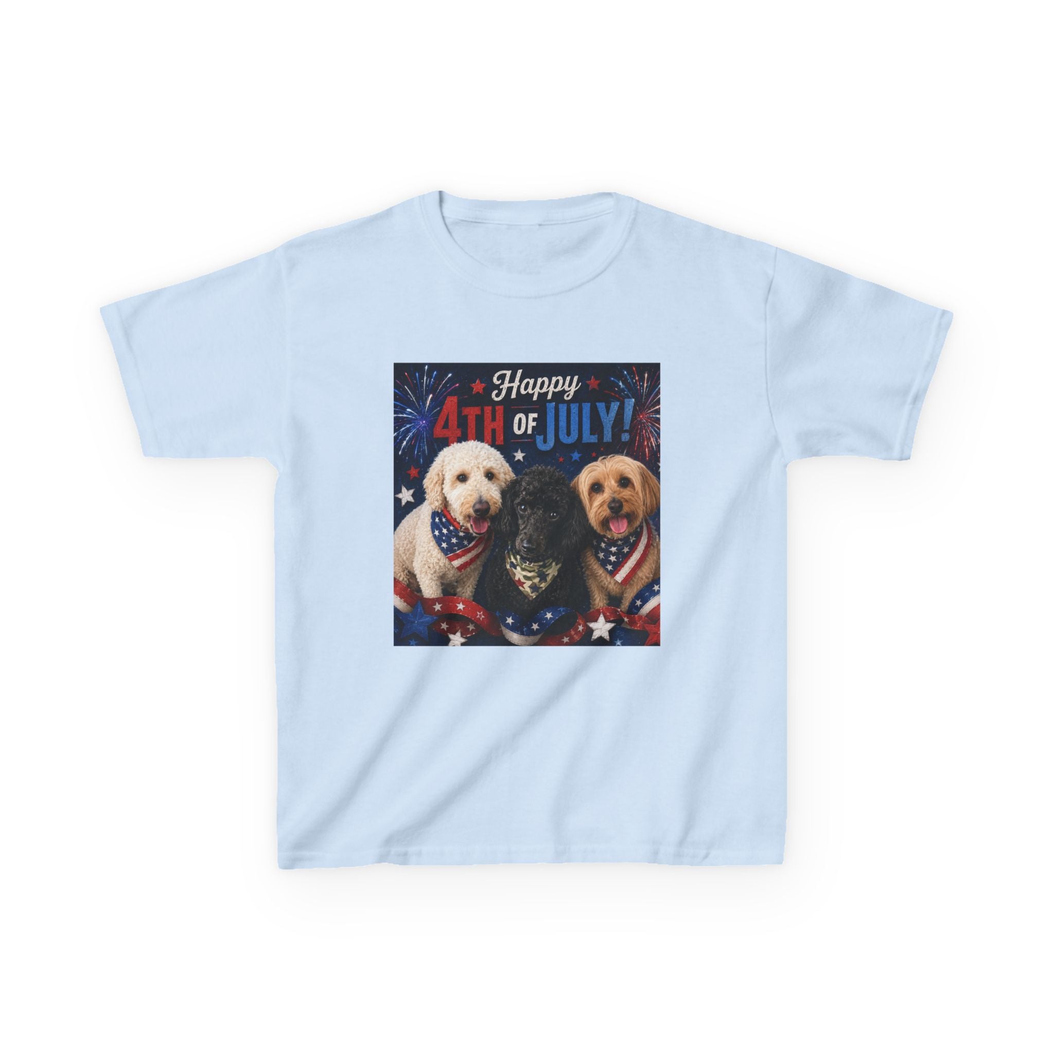 4th of July Kids Tee – Patriotic Dogs "Happy 4th of July"