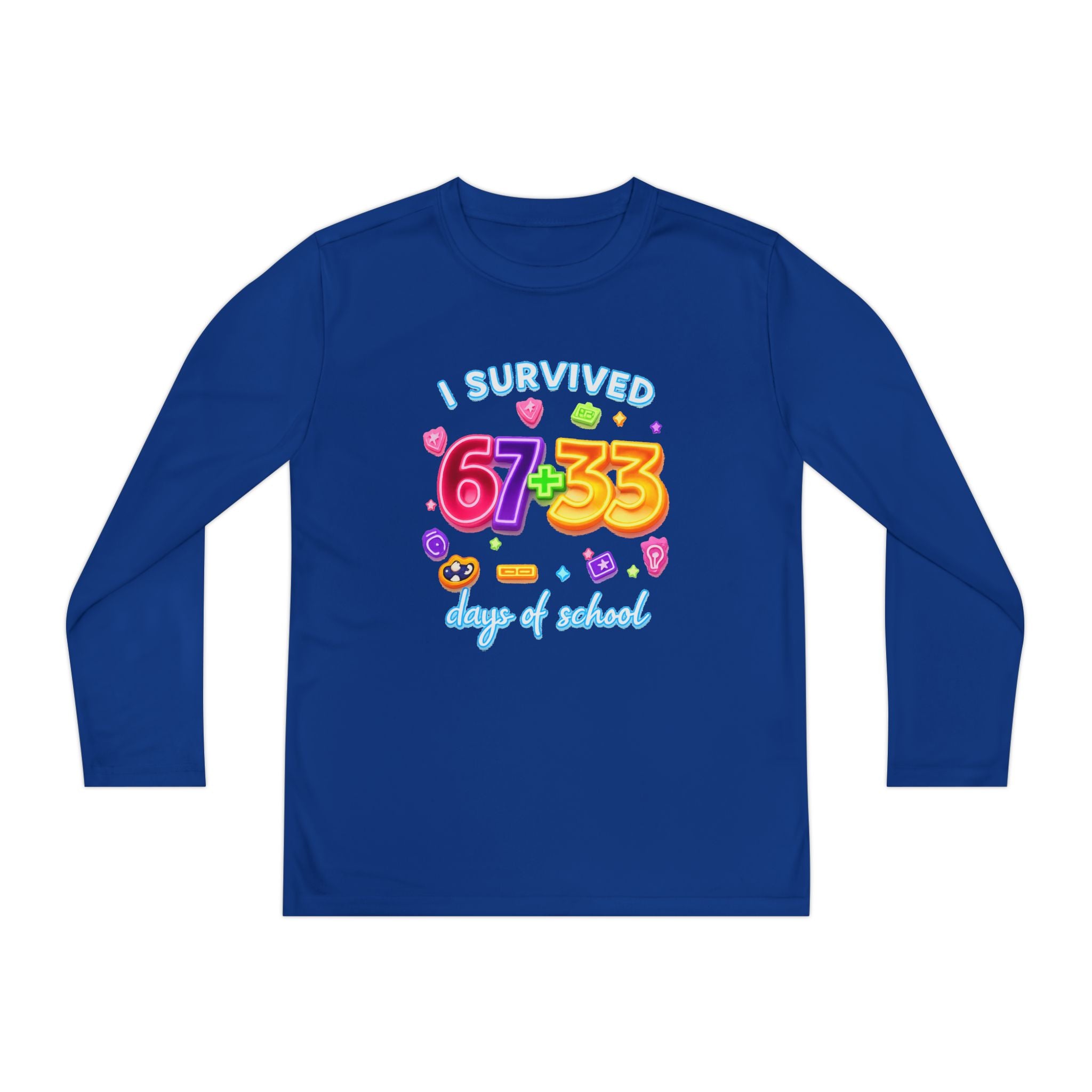 Youth Long Sleeve Tee — "I Survived 67+33 Days of School" Colorful Celebration Shirt