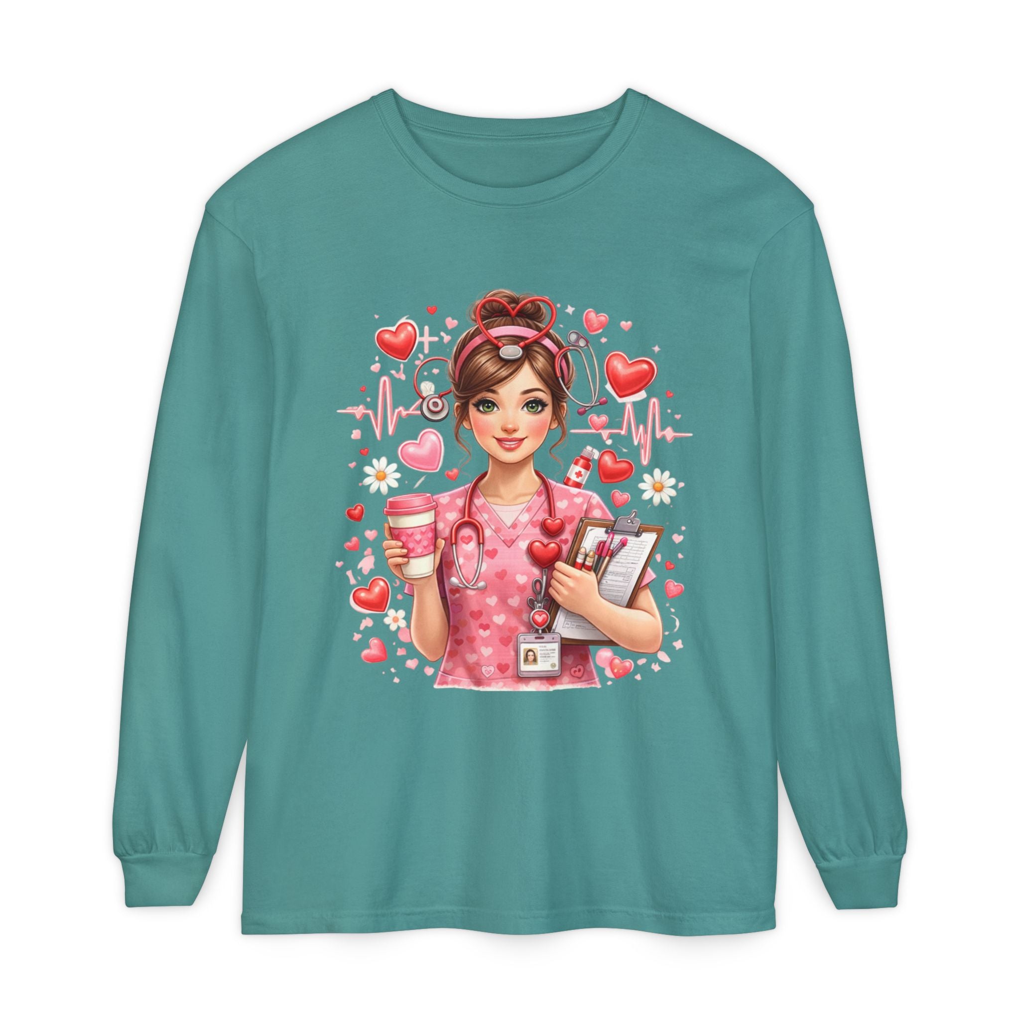 Nurse Love Long Sleeve T-Shirt — Cute Heartbeat Healthcare Graphic