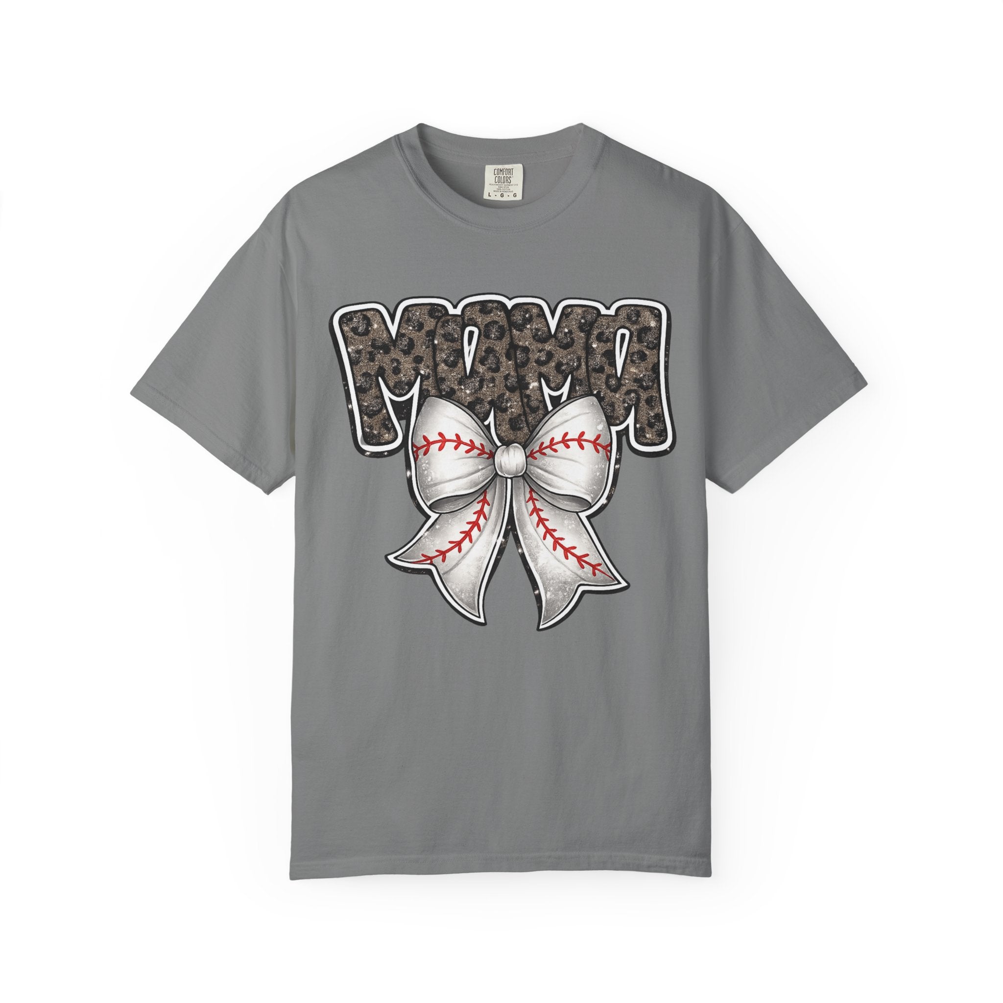 Baseball Mom T-Shirt — Camo Lettering with Baseball Bow