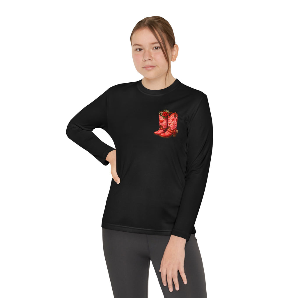 Youth Long Sleeve Tee — “All a Girl Needs is a Right Pair of Boots” Cowboy Boots Graphic