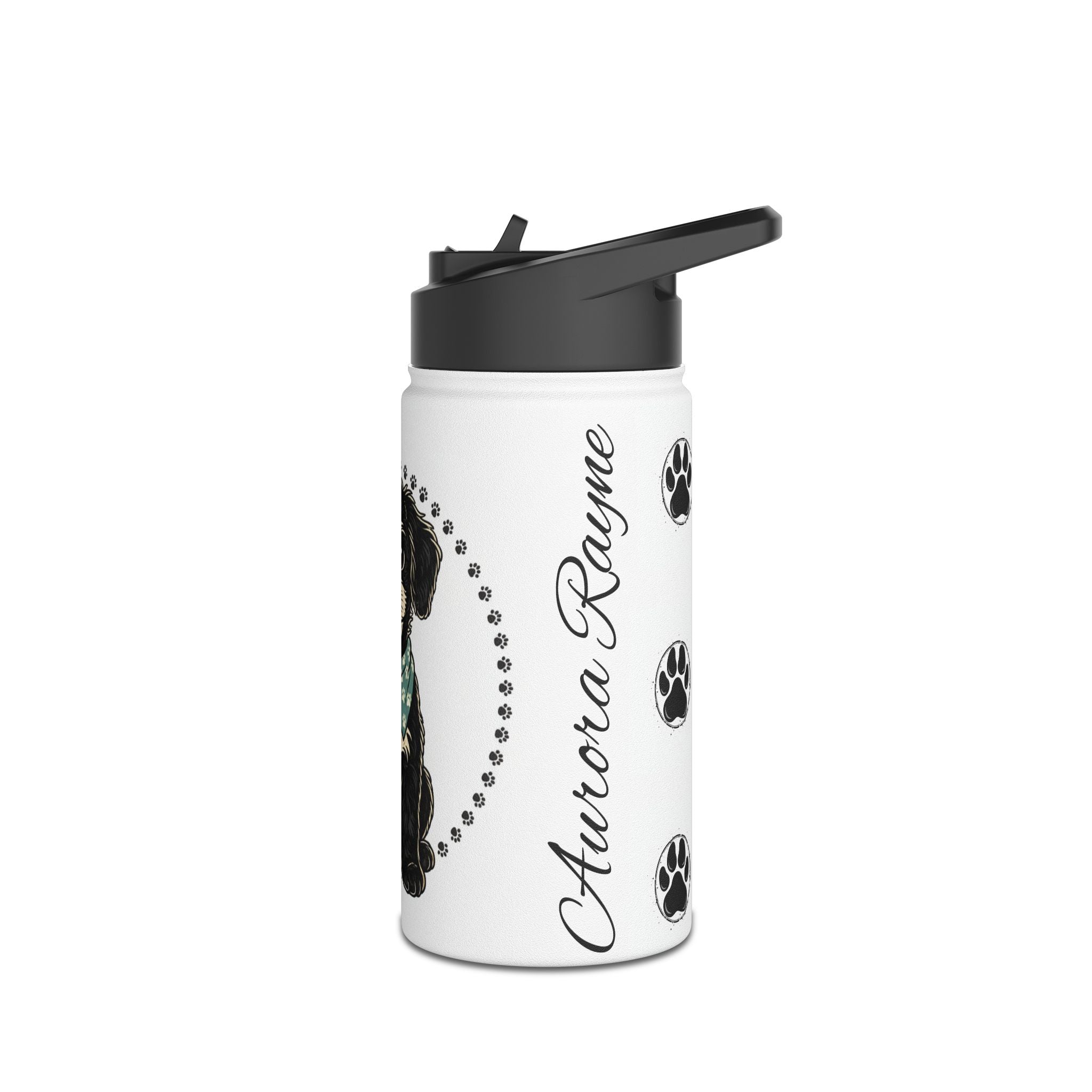 Cute Black Puppy Stainless Steel Water Bottle — Dog Paw Pattern, 'Best Friend' Gift