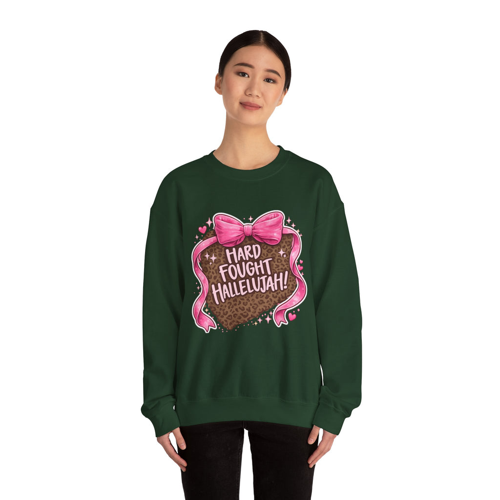 Crewneck Sweatshirt — "Hard Fought Hallelujah" Heart Graphic (Pink Bow, Leopard Print)