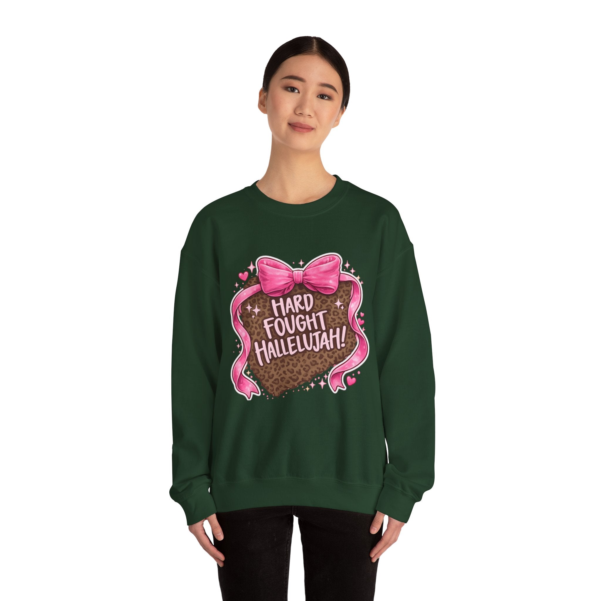 Crewneck Sweatshirt — "Hard Fought Hallelujah" Heart Graphic (Pink Bow, Leopard Print)